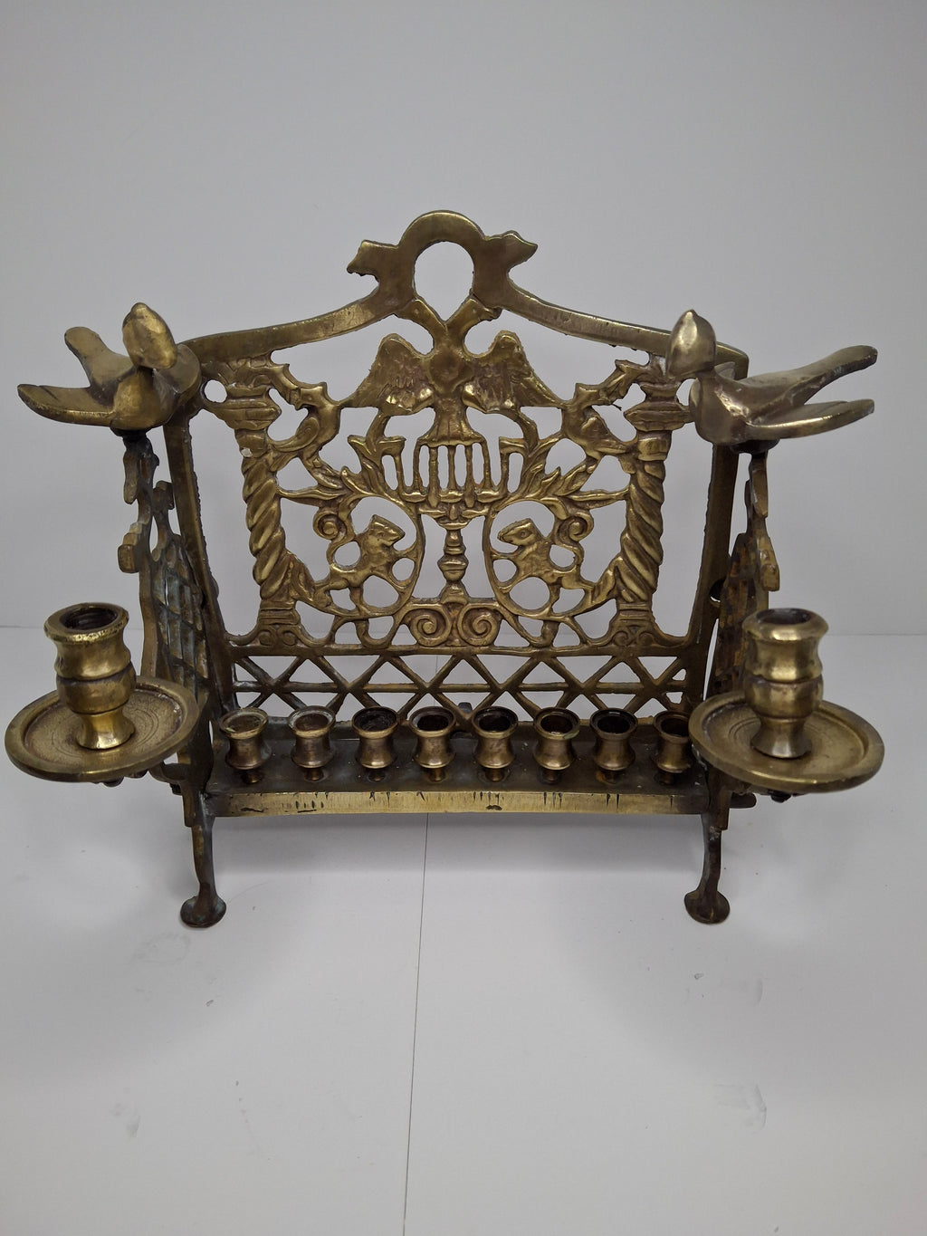 Antique Eastern European Brass Bench Chanukah Menorah with Double-Headed Eagle, Lions, Birds, Columns, and Shabbat Candlesticks
