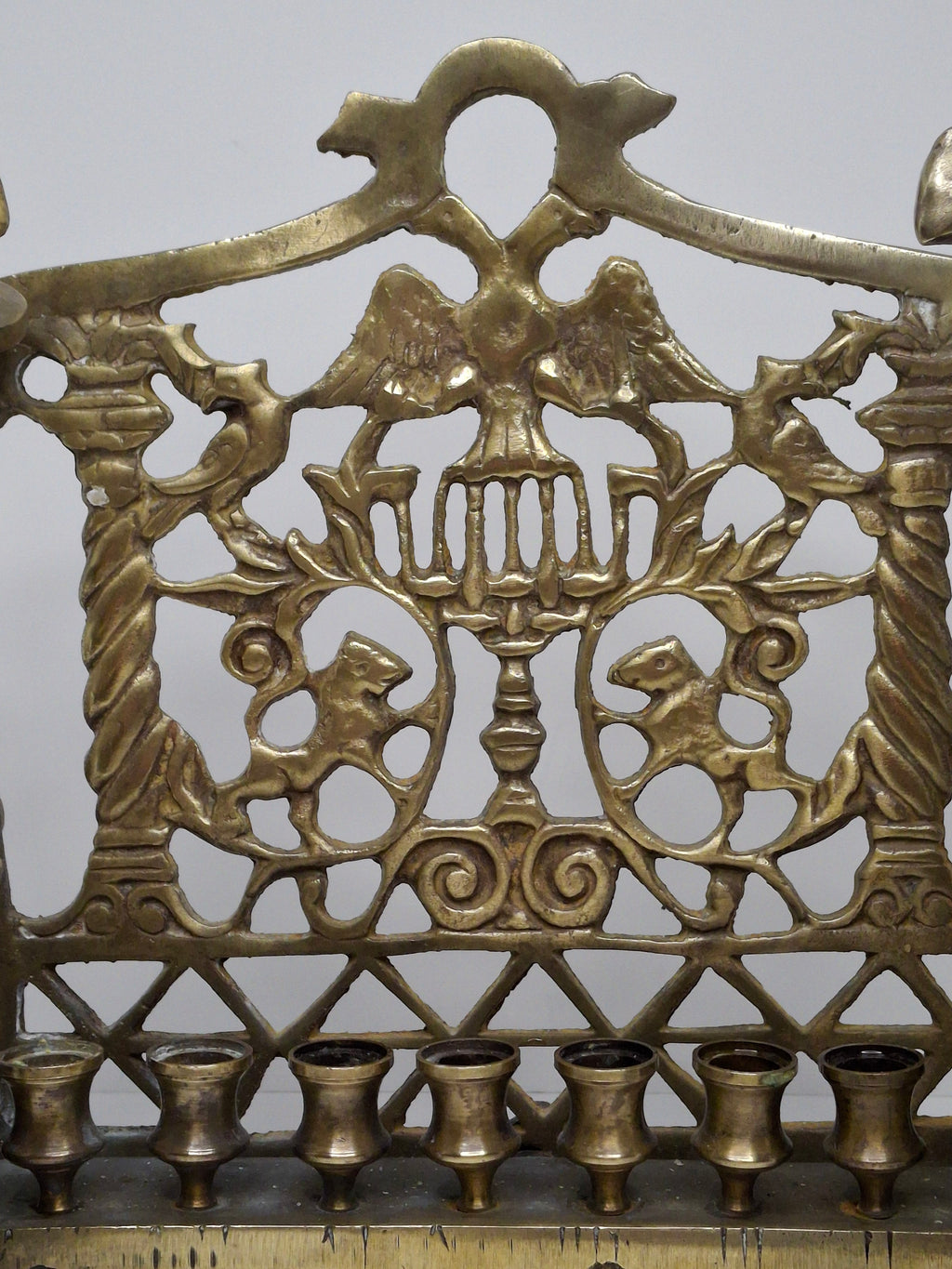 Antique Eastern European Brass Bench Chanukah Menorah with Double-Headed Eagle, Lions, Birds, Columns, and Shabbat Candlesticks