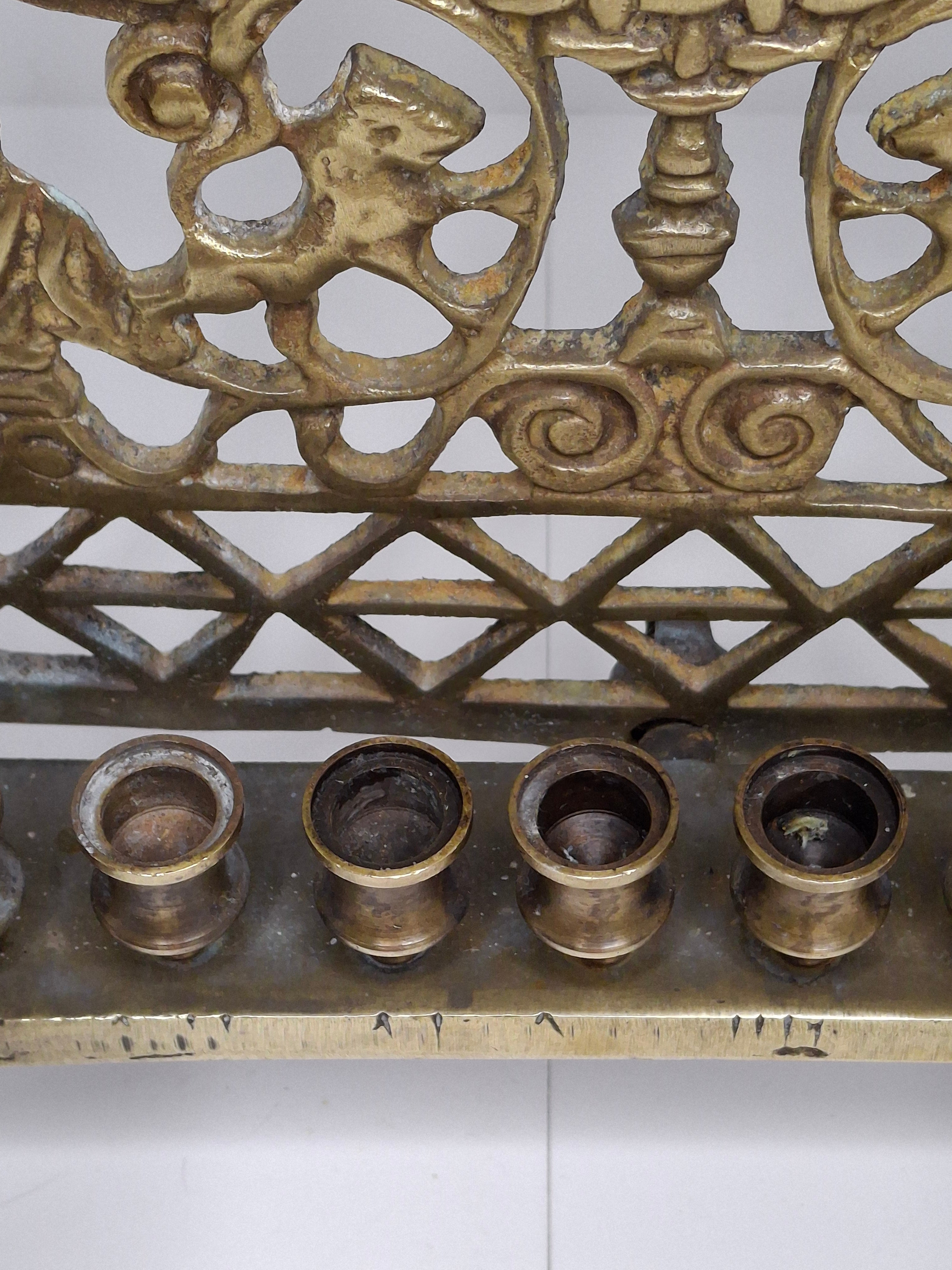 Antique Eastern European Brass Bench Chanukah Menorah with Double-Headed Eagle, Lions, Birds, Columns, and Shabbat Candlesticks