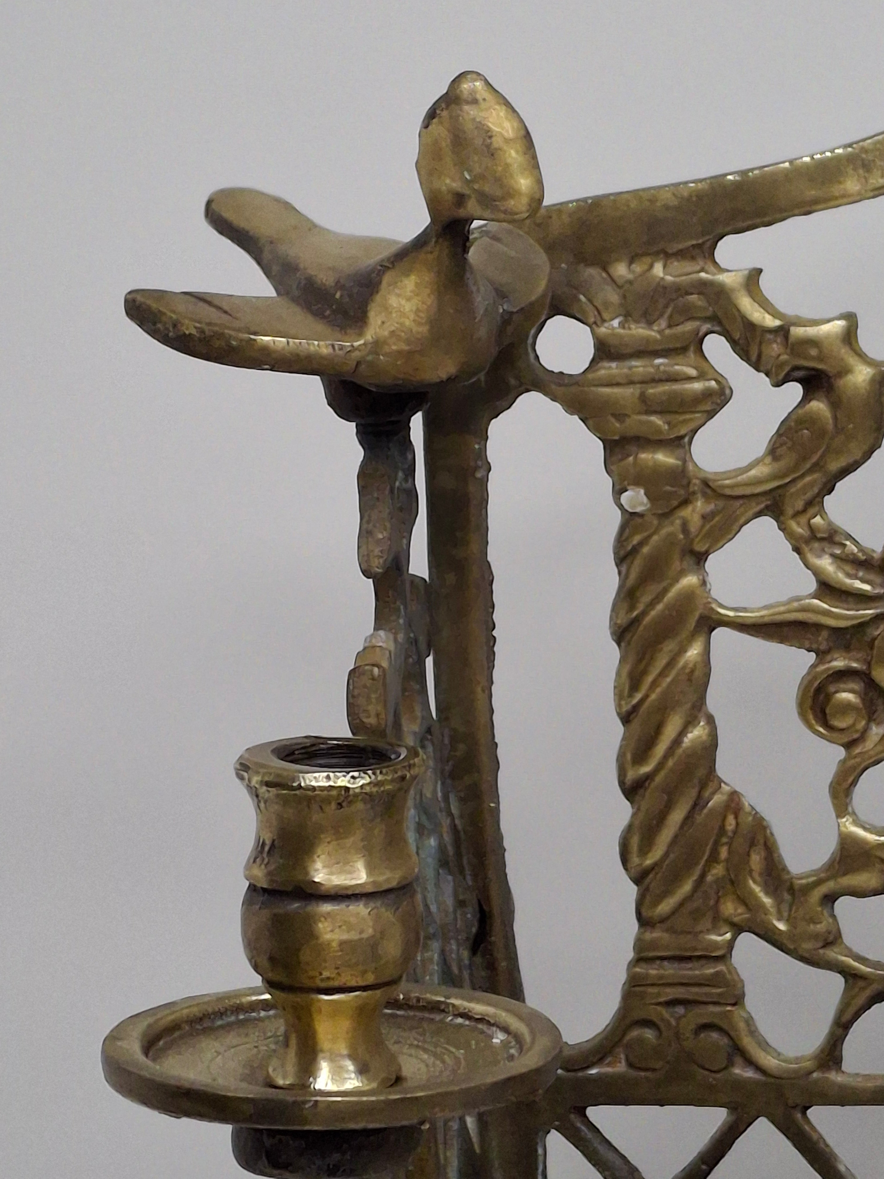 Antique Eastern European Brass Bench Chanukah Menorah with Double-Headed Eagle, Lions, Birds, Columns, and Shabbat Candlesticks