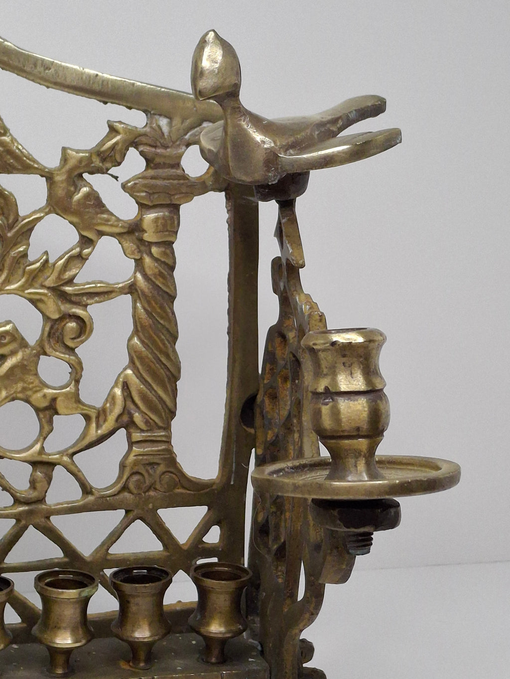 Antique Eastern European Brass Bench Chanukah Menorah with Double-Headed Eagle, Lions, Birds, Columns, and Shabbat Candlesticks