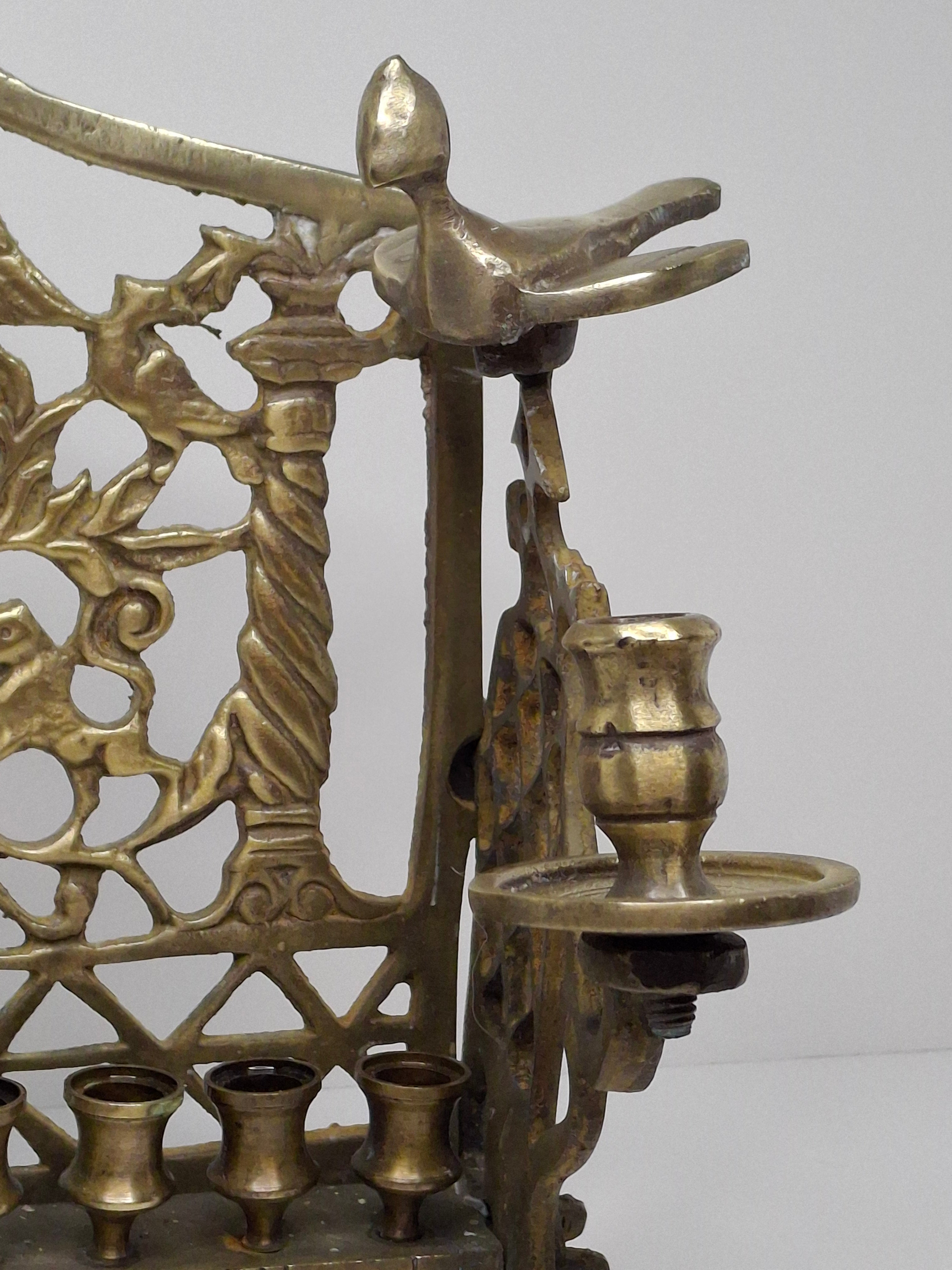 Antique Eastern European Brass Bench Chanukah Menorah with Double-Headed Eagle, Lions, Birds, Columns, and Shabbat Candlesticks