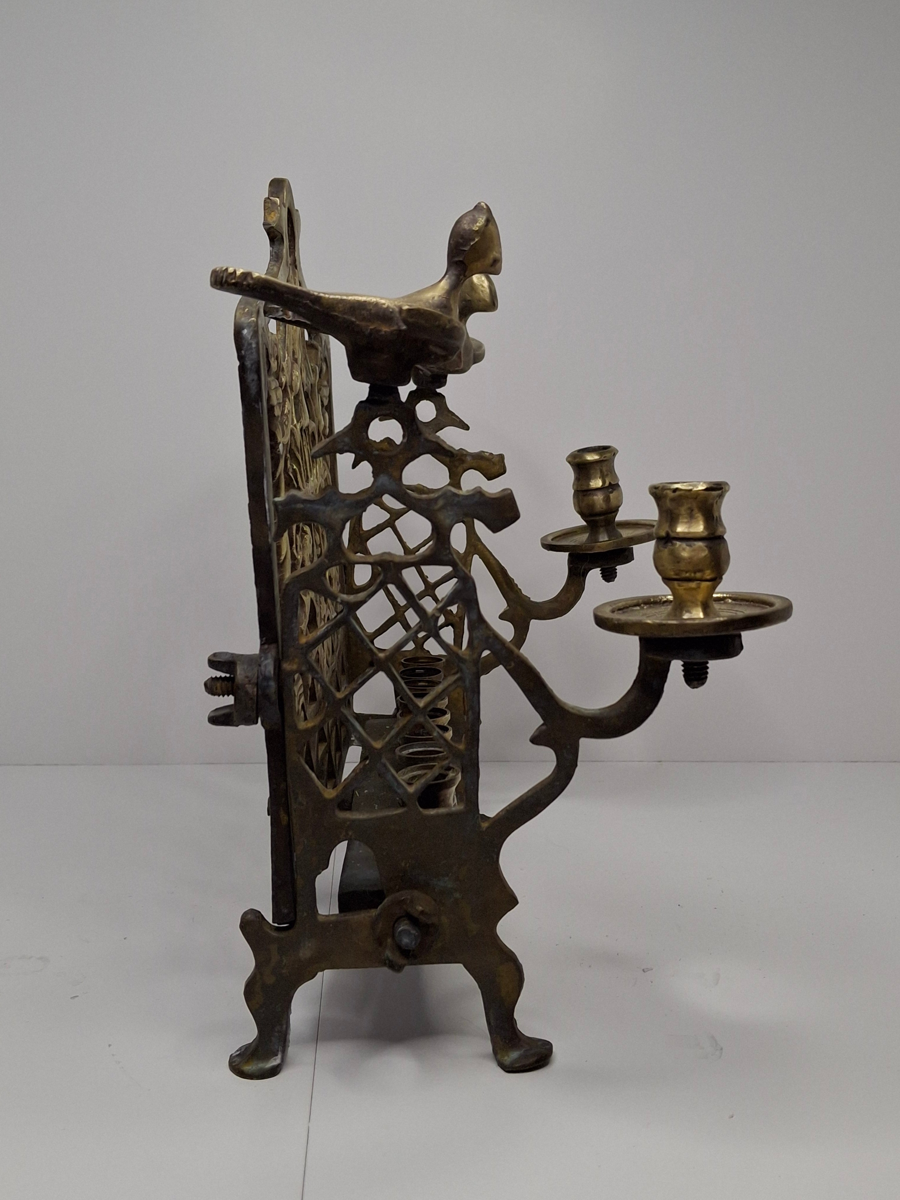 Antique Eastern European Brass Bench Chanukah Menorah with Double-Headed Eagle, Lions, Birds, Columns, and Shabbat Candlesticks