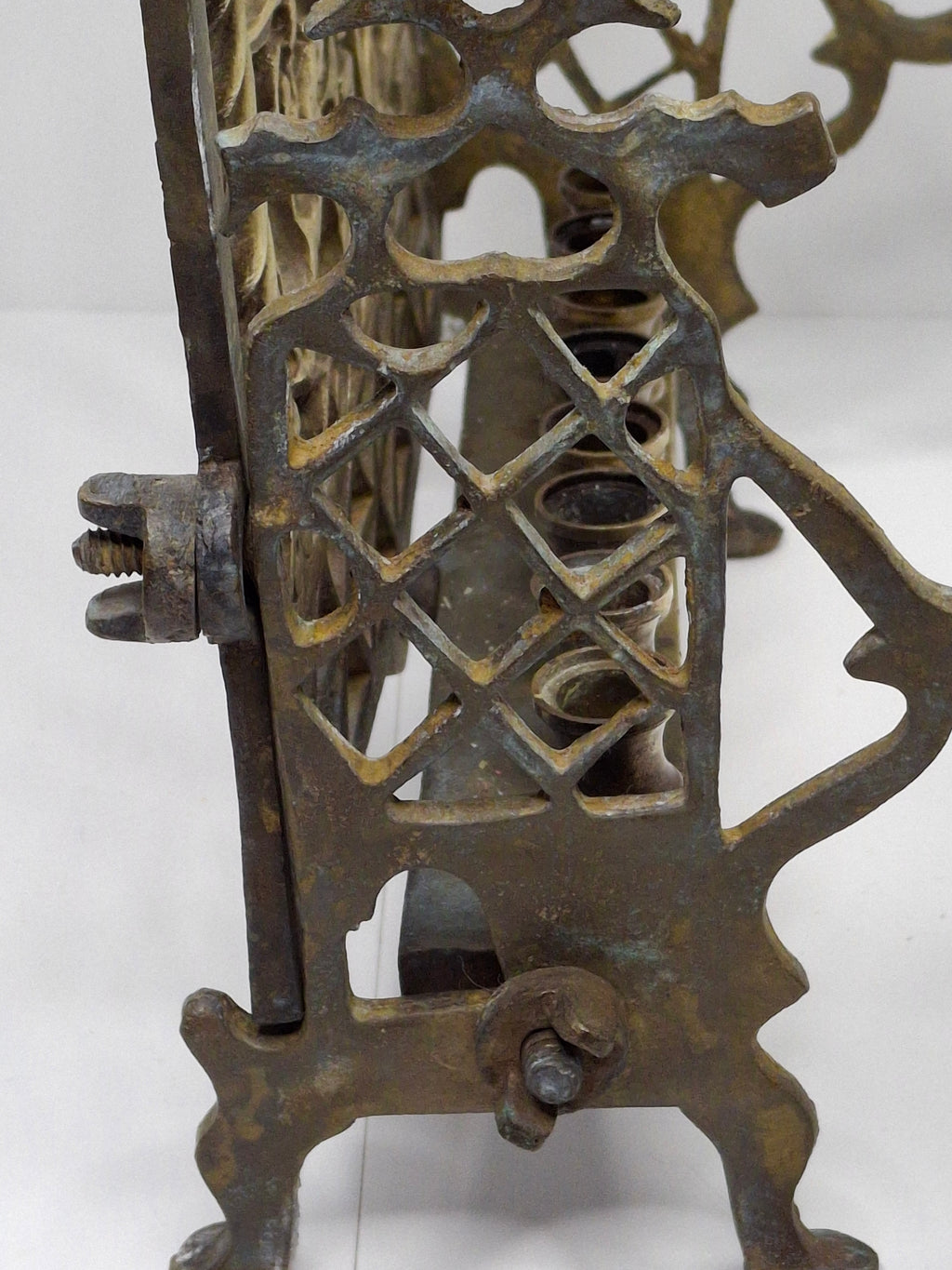 Antique Eastern European Brass Bench Chanukah Menorah with Double-Headed Eagle, Lions, Birds, Columns, and Shabbat Candlesticks