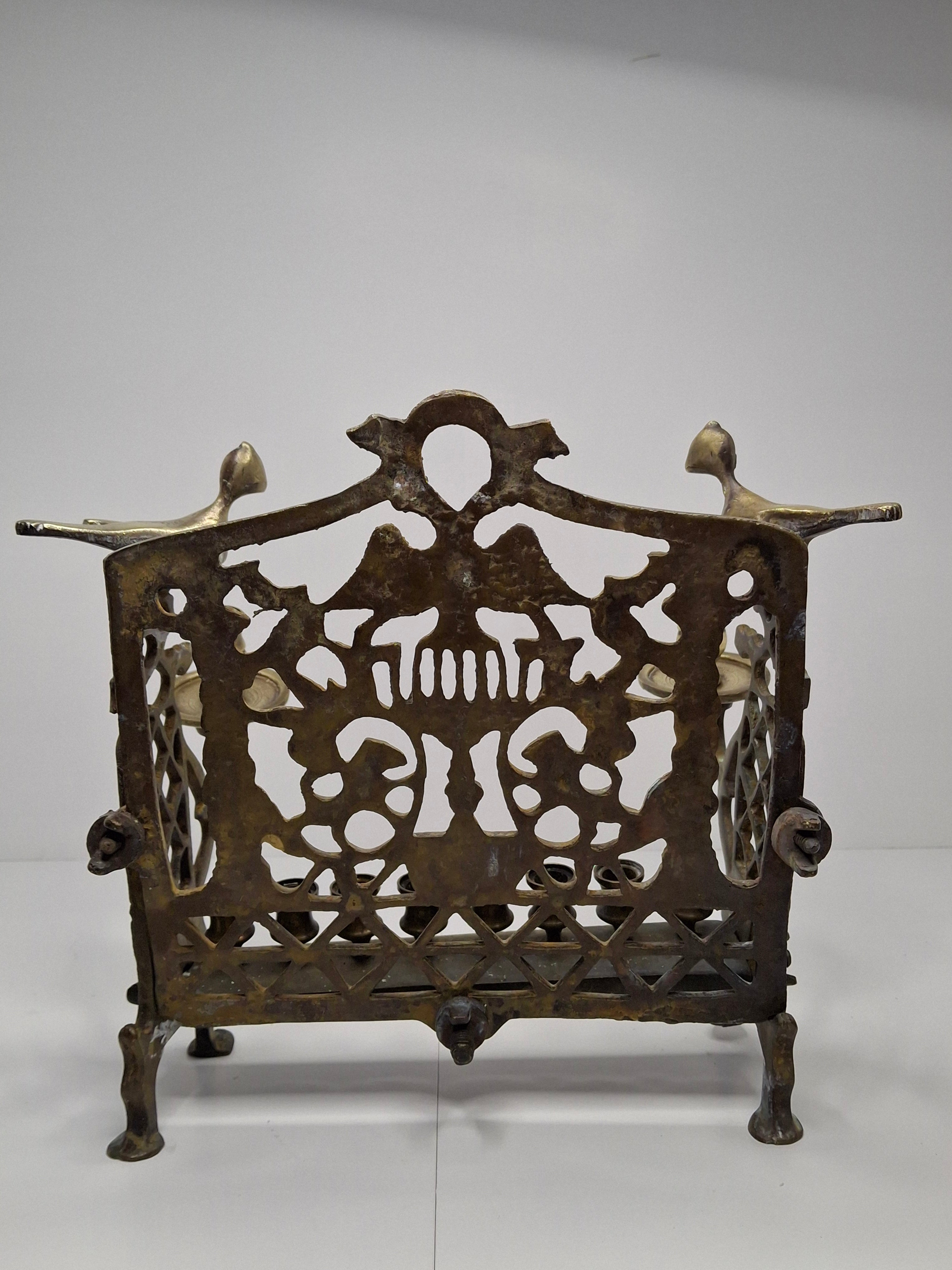 Antique Eastern European Brass Bench Chanukah Menorah with Double-Headed Eagle, Lions, Birds, Columns, and Shabbat Candlesticks