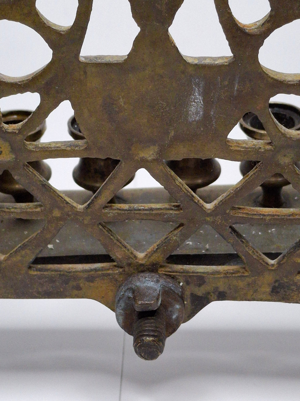 Antique Eastern European Brass Bench Chanukah Menorah with Double-Headed Eagle, Lions, Birds, Columns, and Shabbat Candlesticks