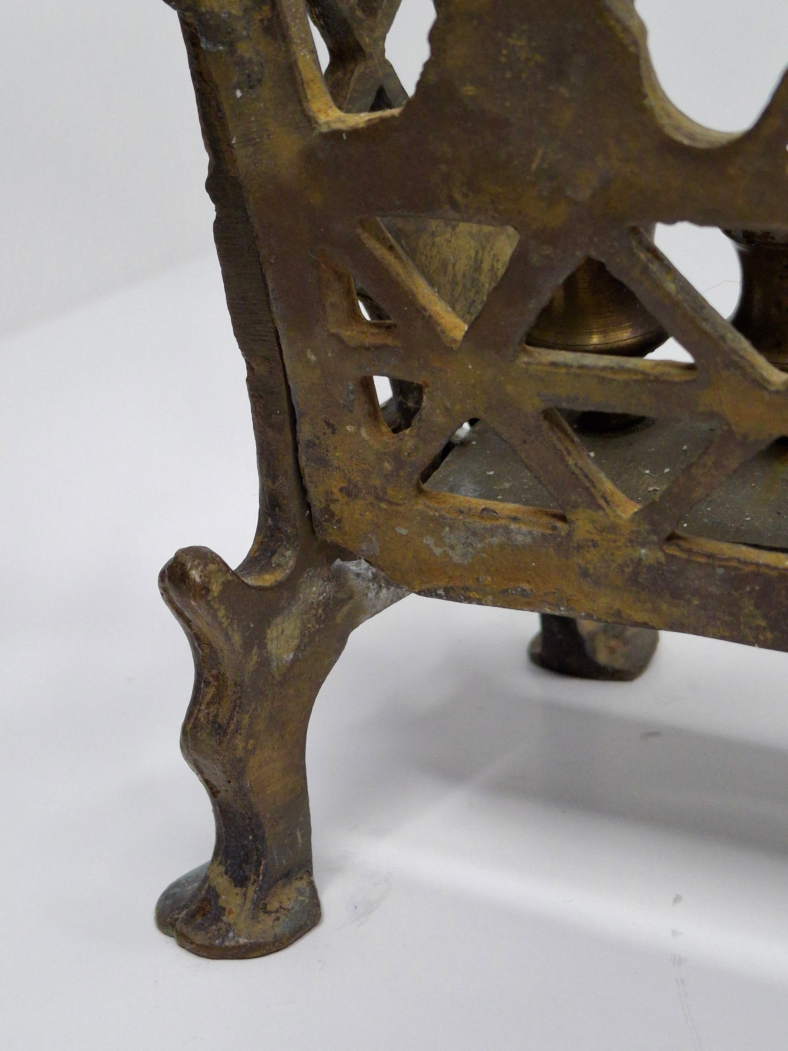 Antique Eastern European Brass Bench Chanukah Menorah with Double-Headed Eagle, Lions, Birds, Columns, and Shabbat Candlesticks