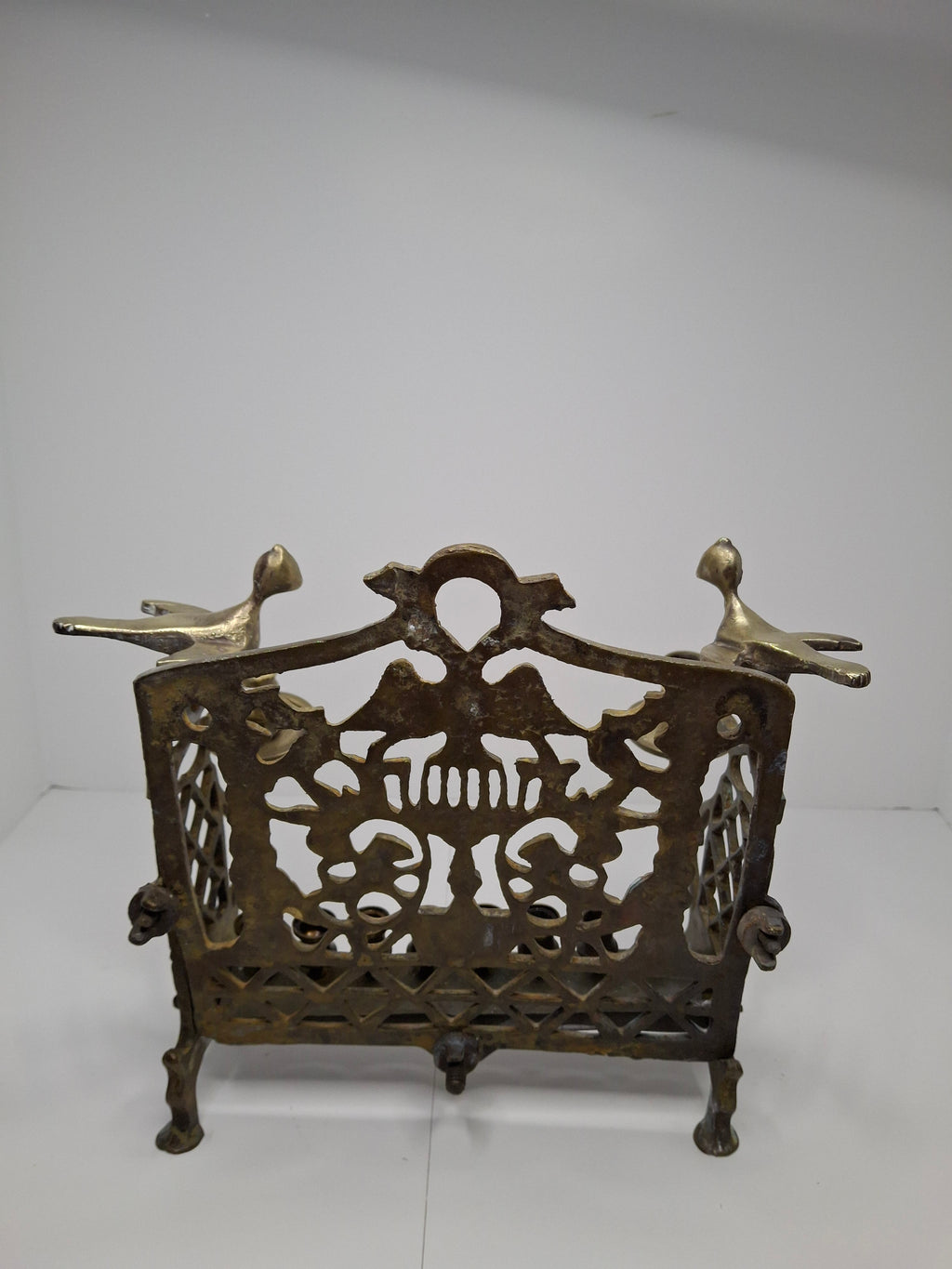 Antique Eastern European Brass Bench Chanukah Menorah with Double-Headed Eagle, Lions, Birds, Columns, and Shabbat Candlesticks