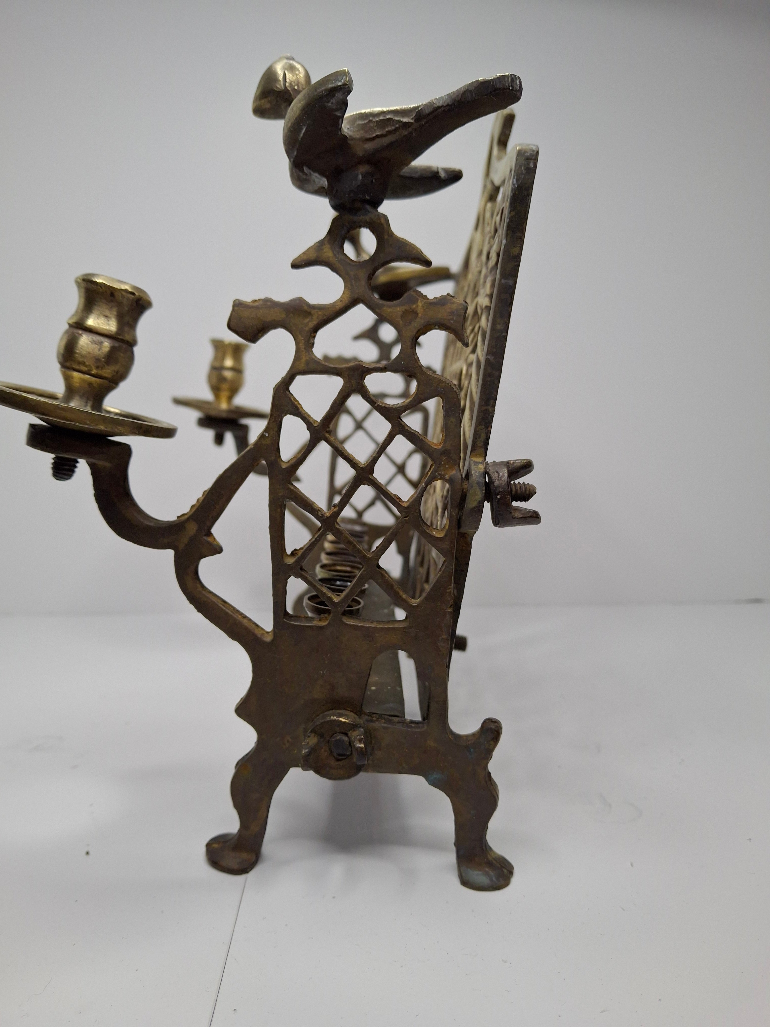 Antique Eastern European Brass Bench Chanukah Menorah with Double-Headed Eagle, Lions, Birds, Columns, and Shabbat Candlesticks