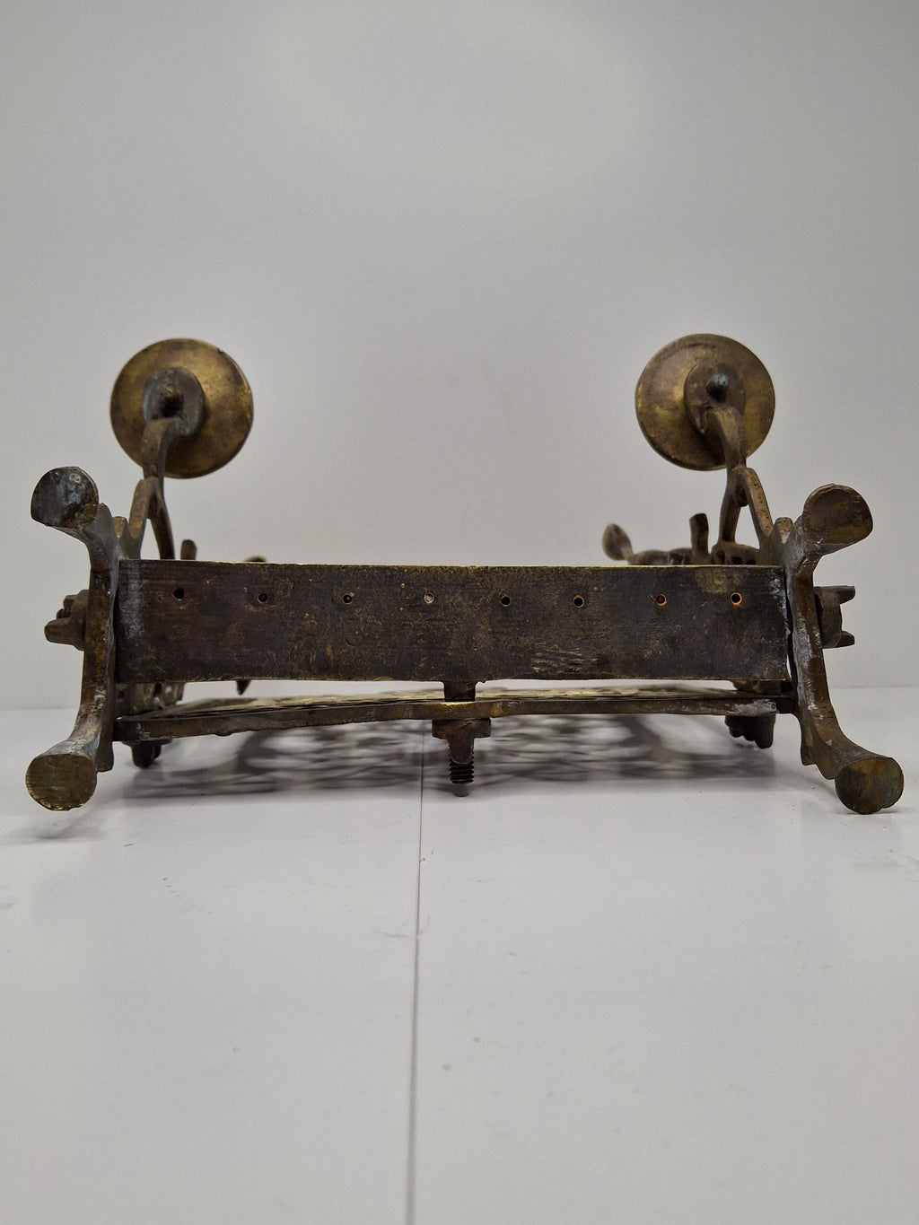 Antique Eastern European Brass Bench Chanukah Menorah with Double-Headed Eagle, Lions, Birds, Columns, and Shabbat Candlesticks