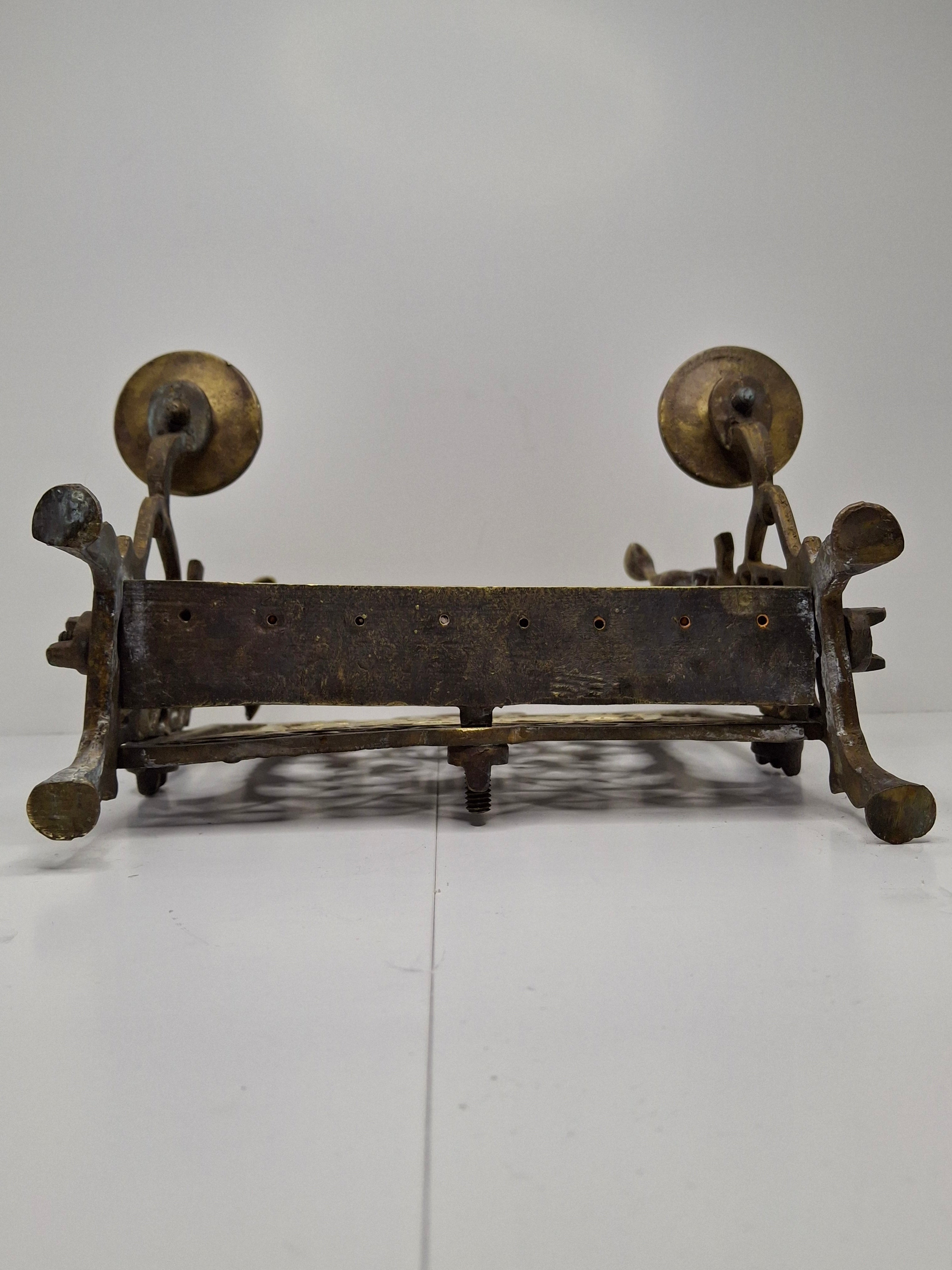 Antique Eastern European Brass Bench Chanukah Menorah with Double-Headed Eagle, Lions, Birds, Columns, and Shabbat Candlesticks
