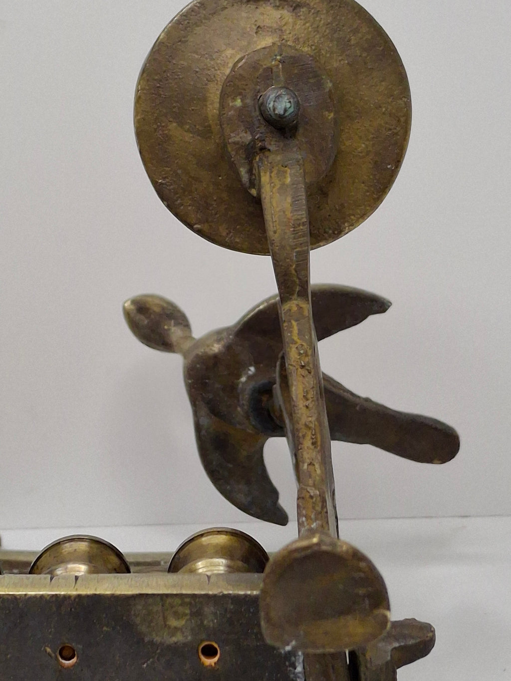 Antique Eastern European Brass Bench Chanukah Menorah with Double-Headed Eagle, Lions, Birds, Columns, and Shabbat Candlesticks