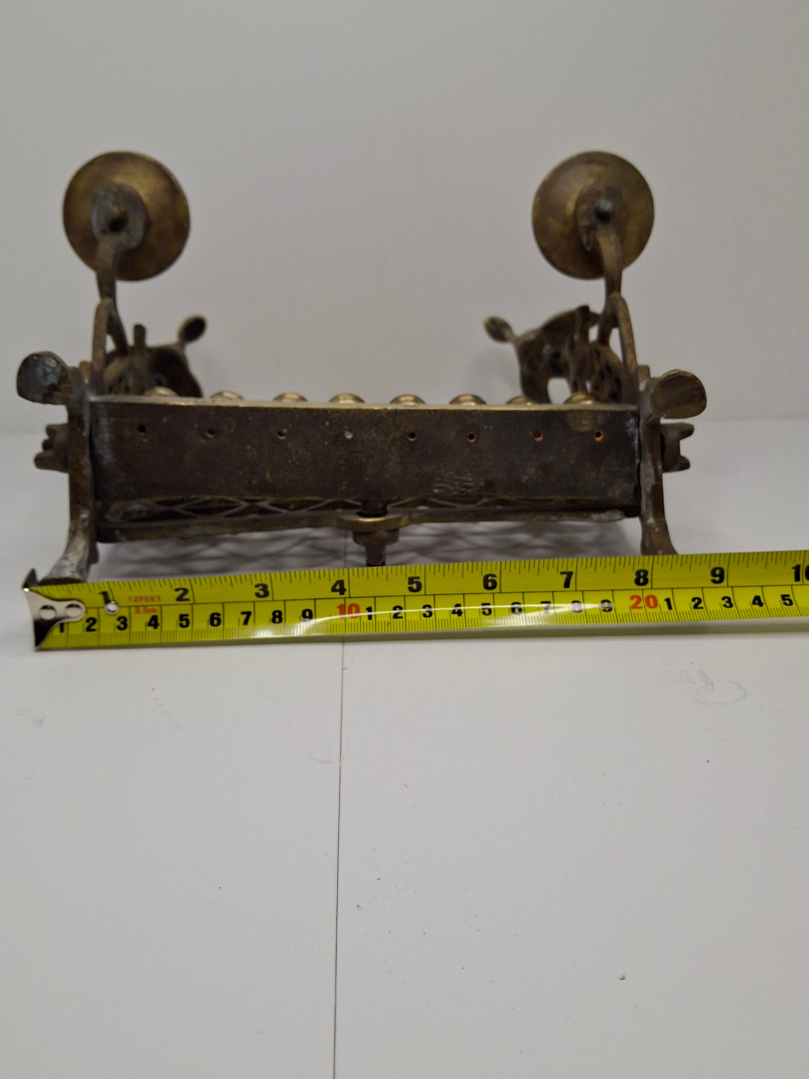 Antique Eastern European Brass Bench Chanukah Menorah with Double-Headed Eagle, Lions, Birds, Columns, and Shabbat Candlesticks