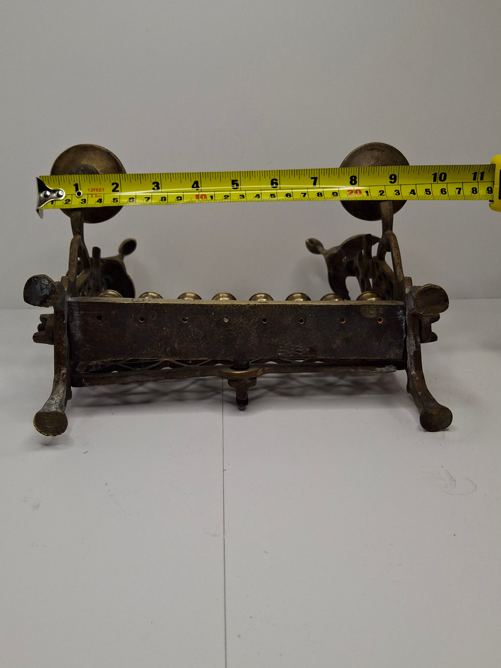 Antique Eastern European Brass Bench Chanukah Menorah with Double-Headed Eagle, Lions, Birds, Columns, and Shabbat Candlesticks