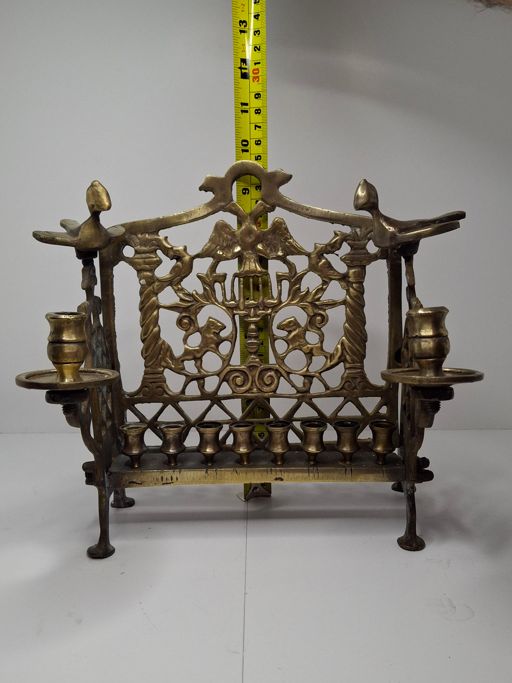 Antique Eastern European Brass Bench Chanukah Menorah with Double-Headed Eagle, Lions, Birds, Columns, and Shabbat Candlesticks