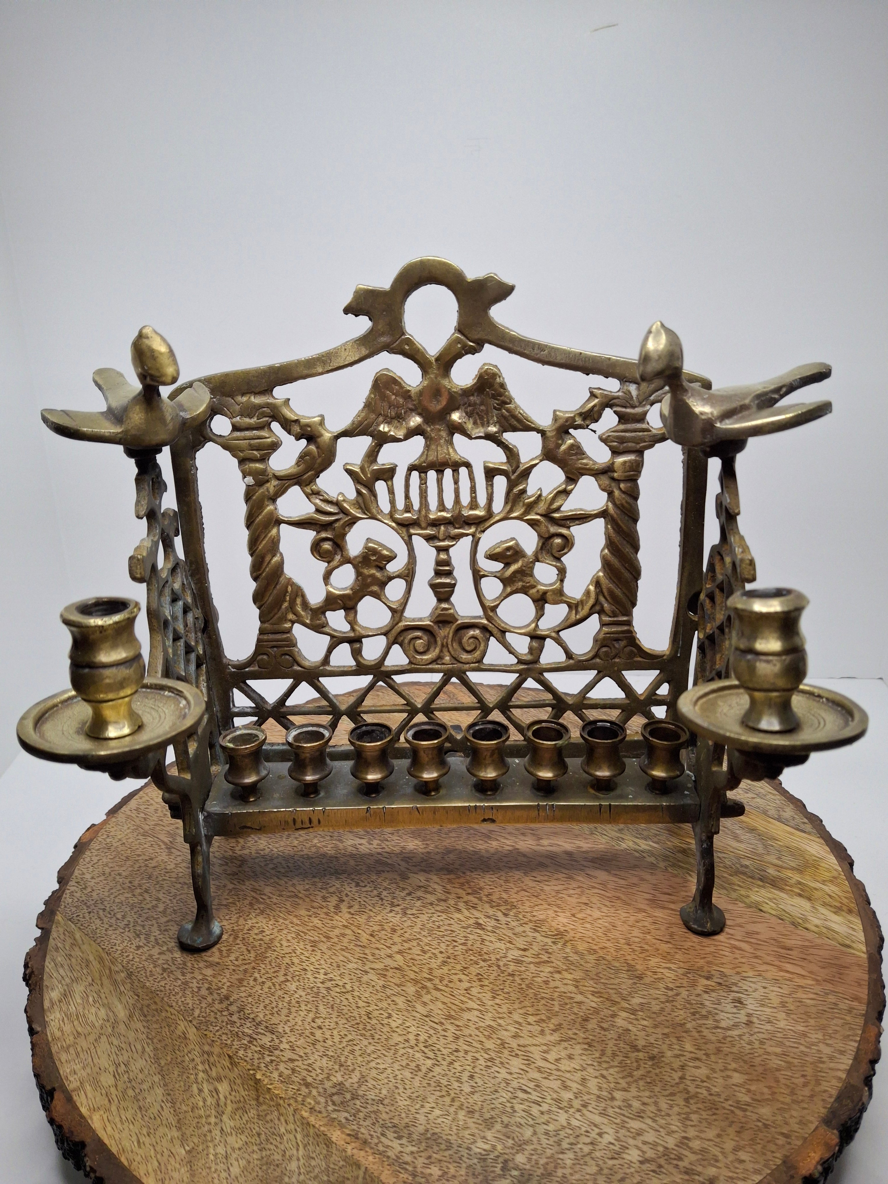 Antique Eastern European Brass Bench Chanukah Menorah with Double-Headed Eagle, Lions, Birds, Columns, and Shabbat Candlesticks