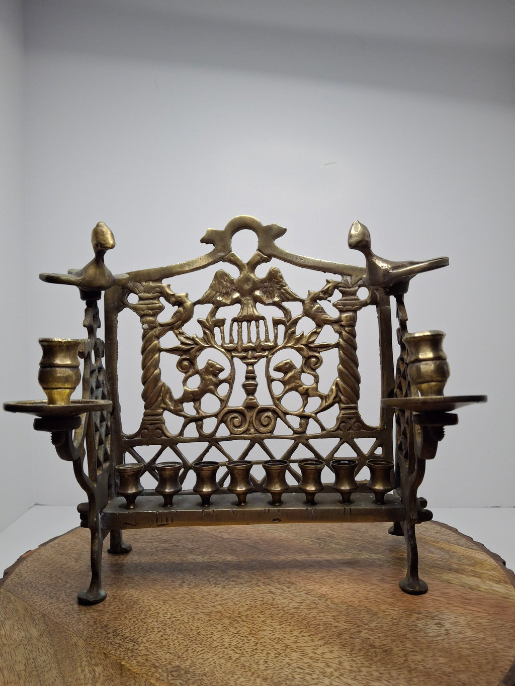 Antique Eastern European Brass Bench Chanukah Menorah with Double-Headed Eagle, Lions, Birds, Columns, and Shabbat Candlesticks