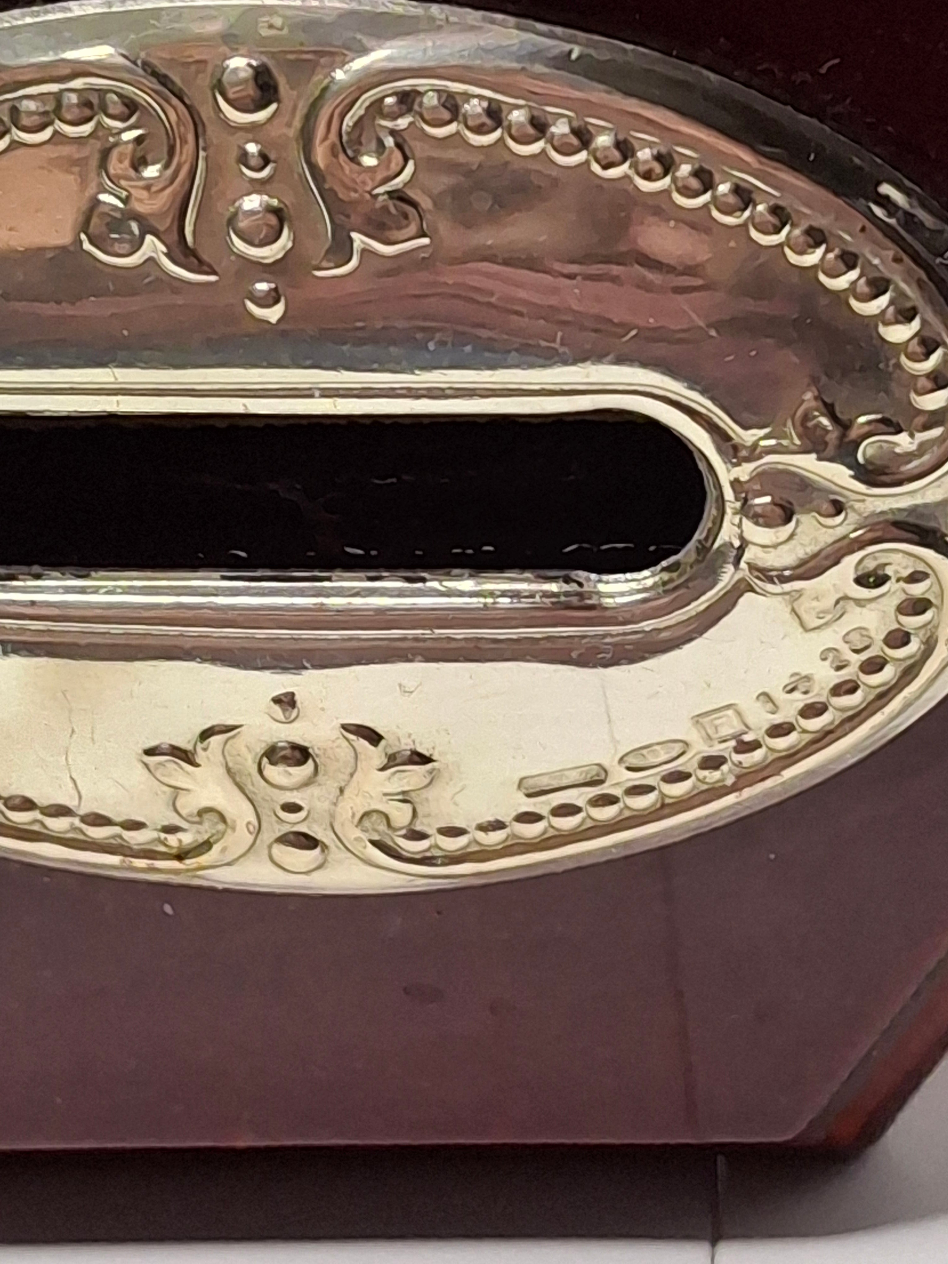 Modern Israeli Sterling Silver (925) & Mahogany Hexagonal Tzedakah Box - Engraved Plaques, Plastic Coin Stopper Judaica