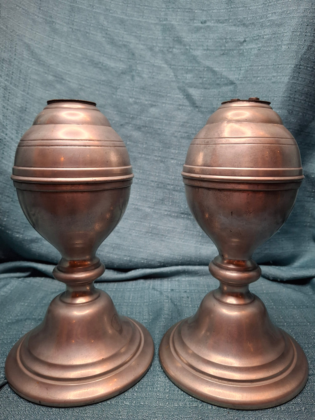 Pair of Antique Pewter Whale Oil Lamps w/ Double Wick Burners - Circa Mid-19th c