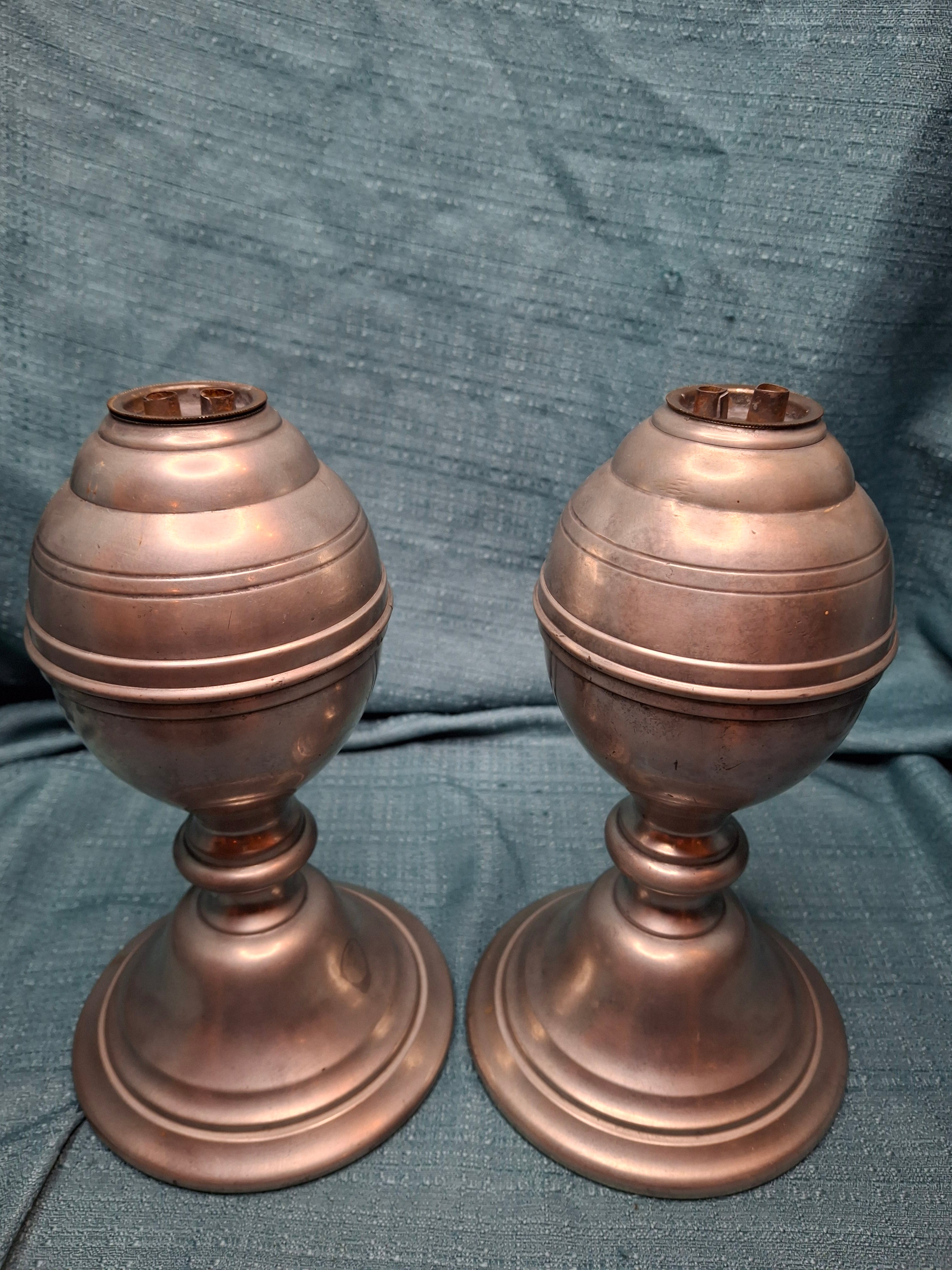 Pair of Antique Pewter Whale Oil Lamps w/ Double Wick Burners - Circa Mid-19th c