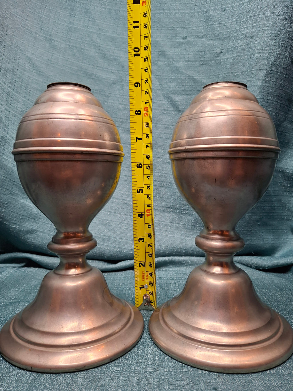 Pair of Antique Pewter Whale Oil Lamps w/ Double Wick Burners - Circa Mid-19th c