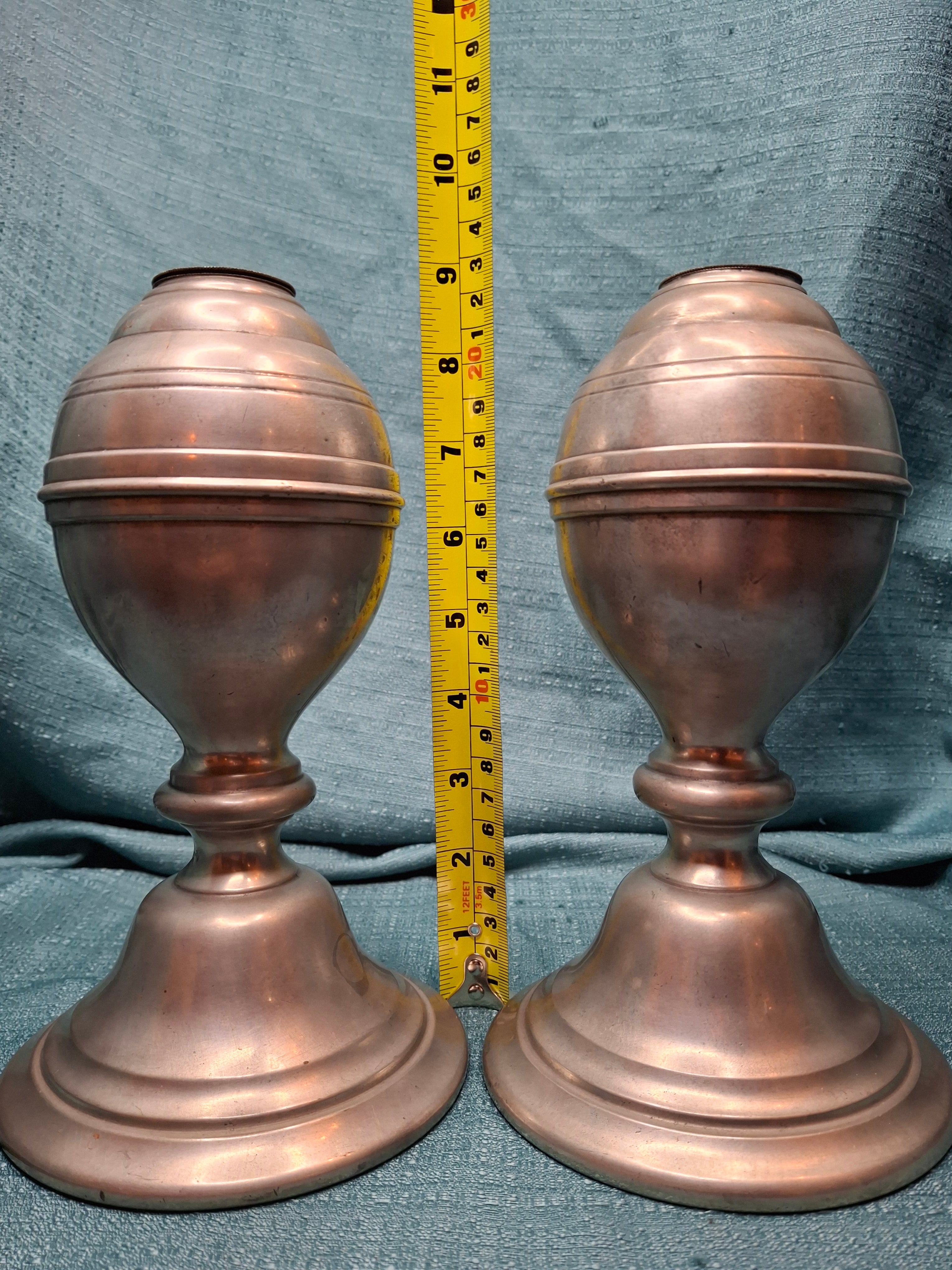 Pair of Antique Pewter Whale Oil Lamps w/ Double Wick Burners - Circa Mid-19th c