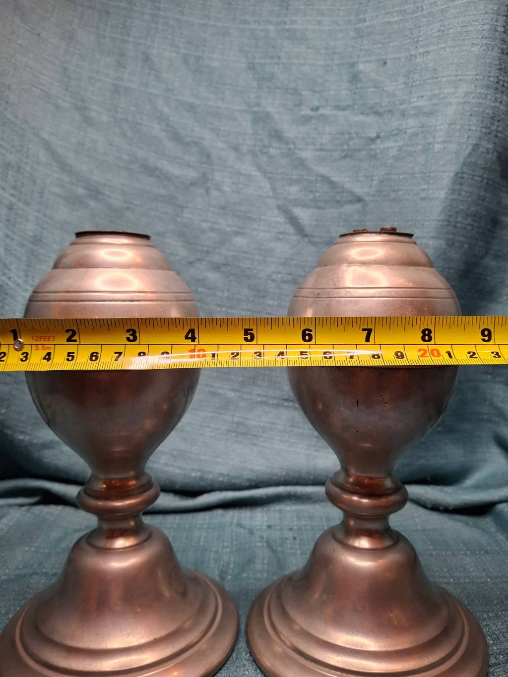 Pair of Antique Pewter Whale Oil Lamps w/ Double Wick Burners - Circa Mid-19th c