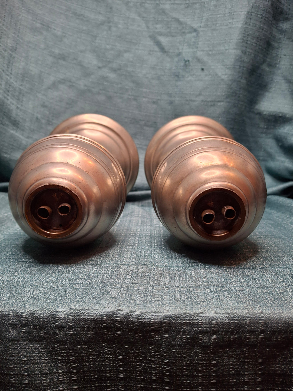 Pair of Antique Pewter Whale Oil Lamps w/ Double Wick Burners - Circa Mid-19th c