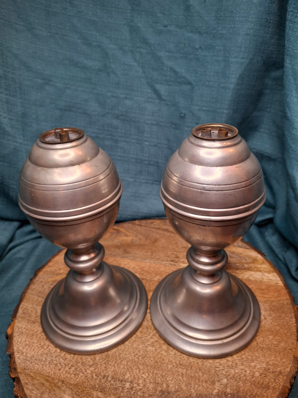Pair of Antique Pewter Whale Oil Lamps w/ Double Wick Burners - Circa Mid-19th c