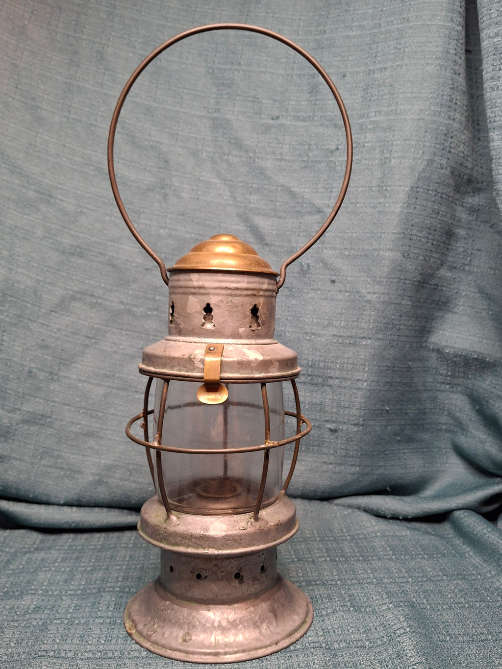 Antique Mid-19th C American Tin and Brass Whale Oil Lantern Double Tube Burner