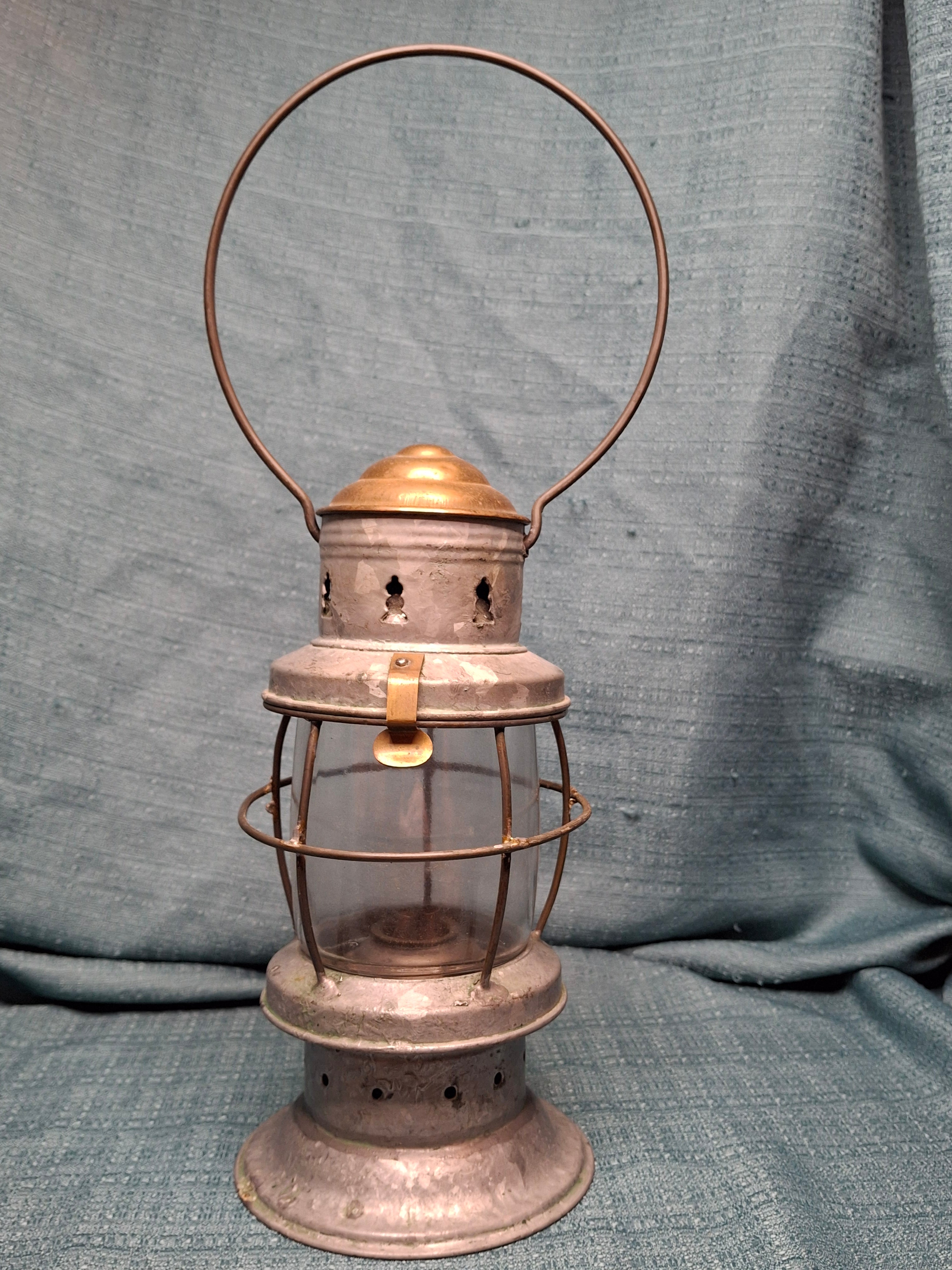Antique Mid-19th C American Tin and Brass Whale Oil Lantern Double Tube Burner