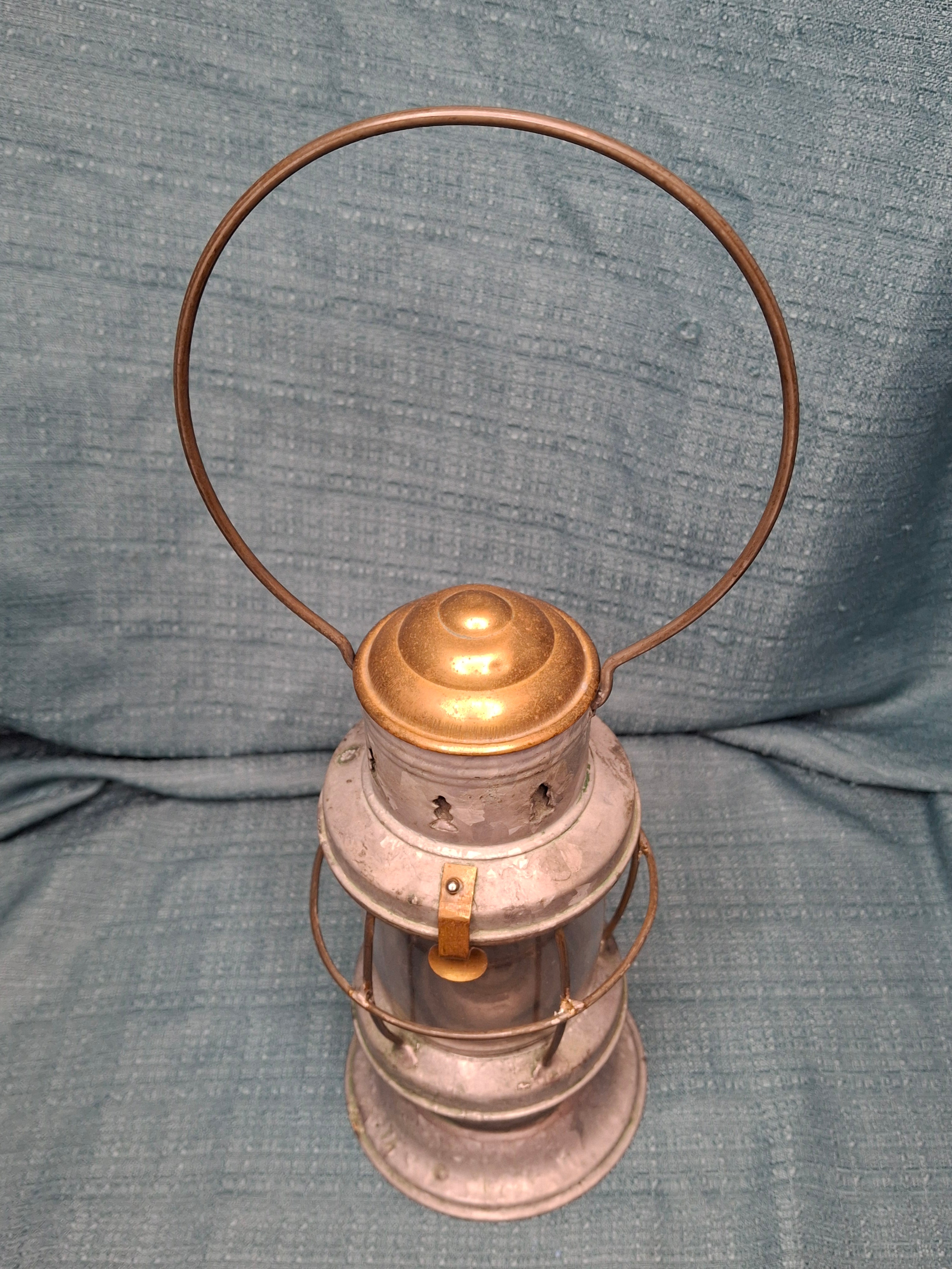 Antique Mid-19th C American Tin and Brass Whale Oil Lantern Double Tube Burner