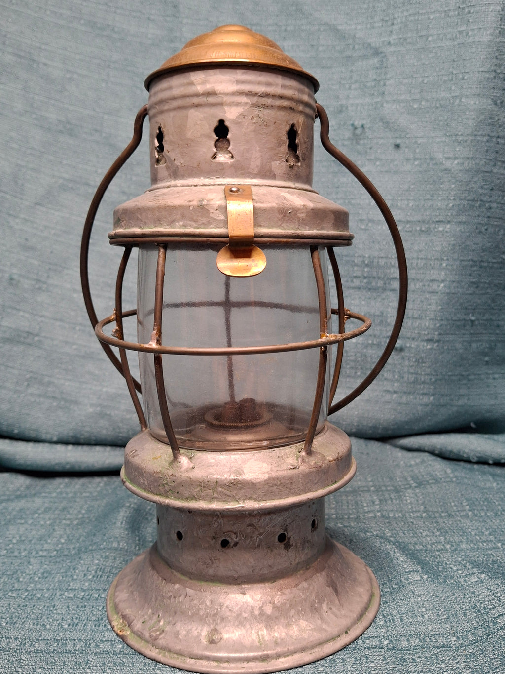 Antique Mid-19th C American Tin and Brass Whale Oil Lantern Double Tube Burner
