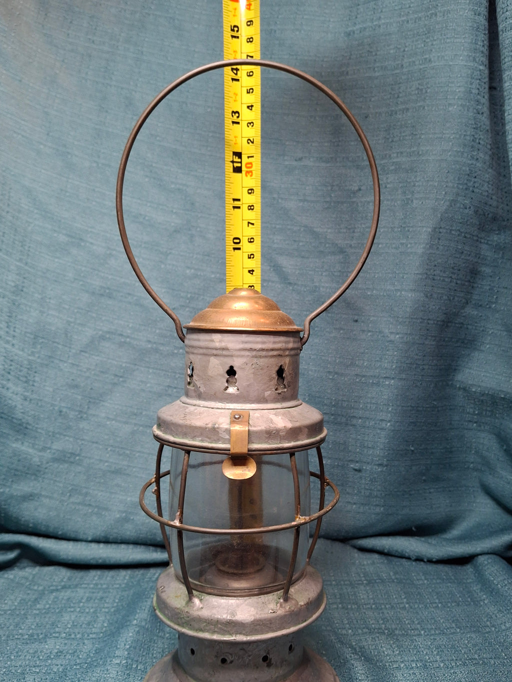 Antique Mid-19th C American Tin and Brass Whale Oil Lantern Double Tube Burner