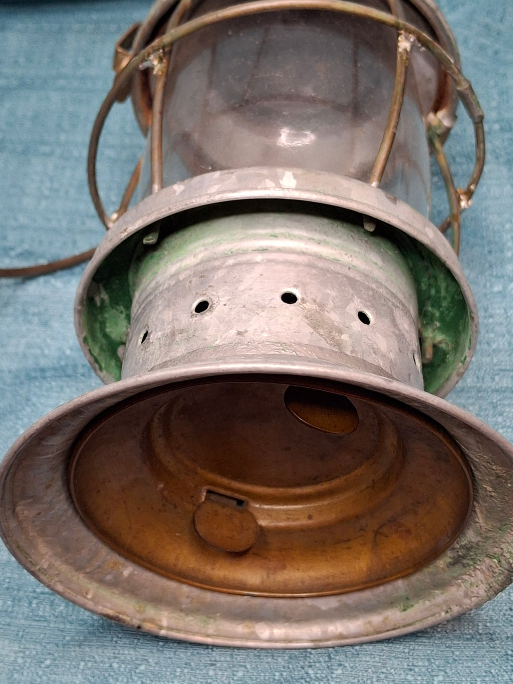 Antique Mid-19th C American Tin and Brass Whale Oil Lantern Double Tube Burner