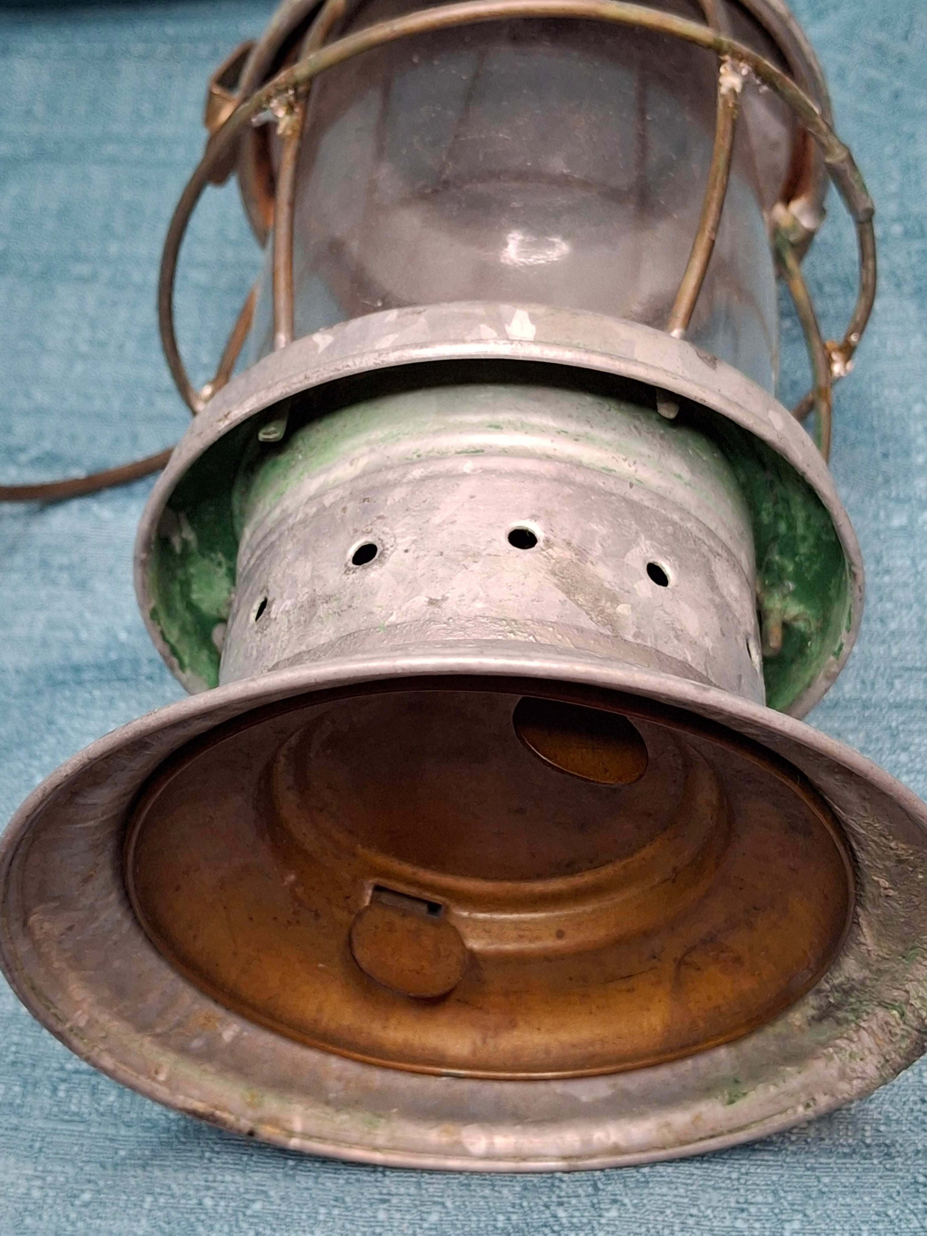 Antique Mid-19th C American Tin and Brass Whale Oil Lantern Double Tube Burner