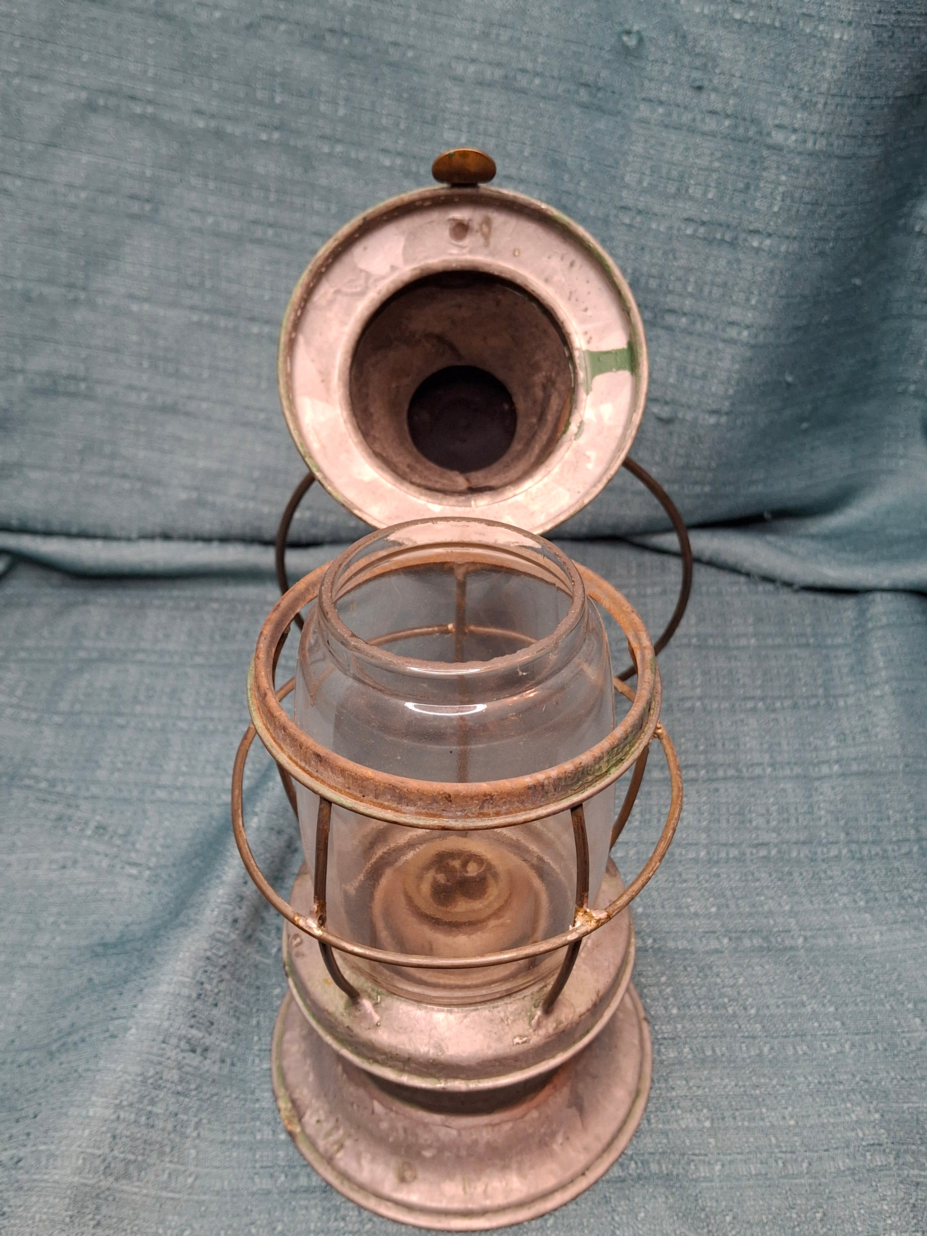 Antique Mid-19th C American Tin and Brass Whale Oil Lantern Double Tube Burner