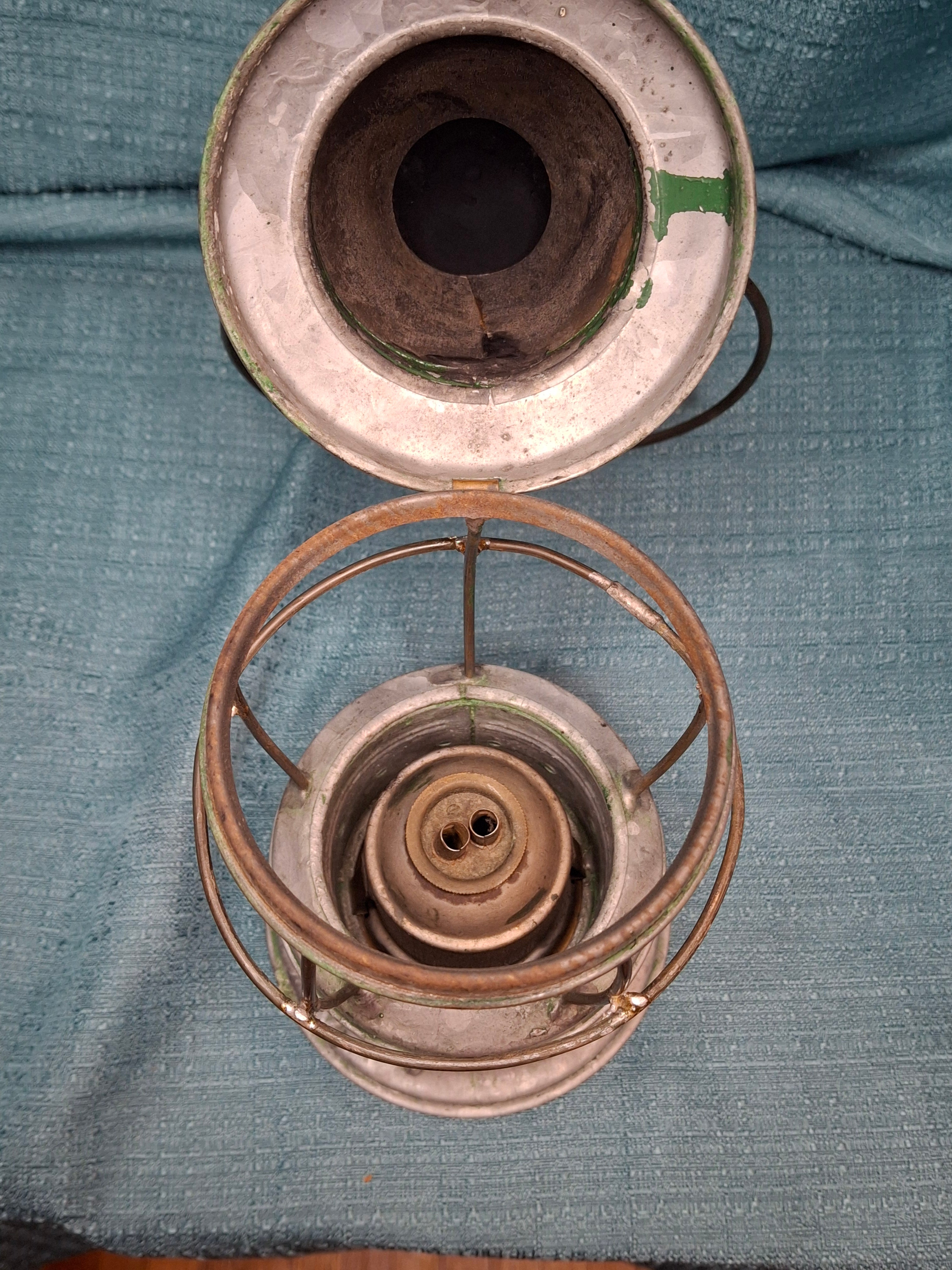 Antique Mid-19th C American Tin and Brass Whale Oil Lantern Double Tube Burner