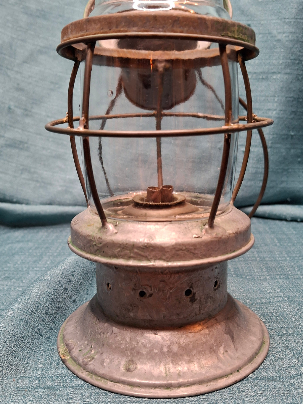 Antique Mid-19th C American Tin and Brass Whale Oil Lantern Double Tube Burner