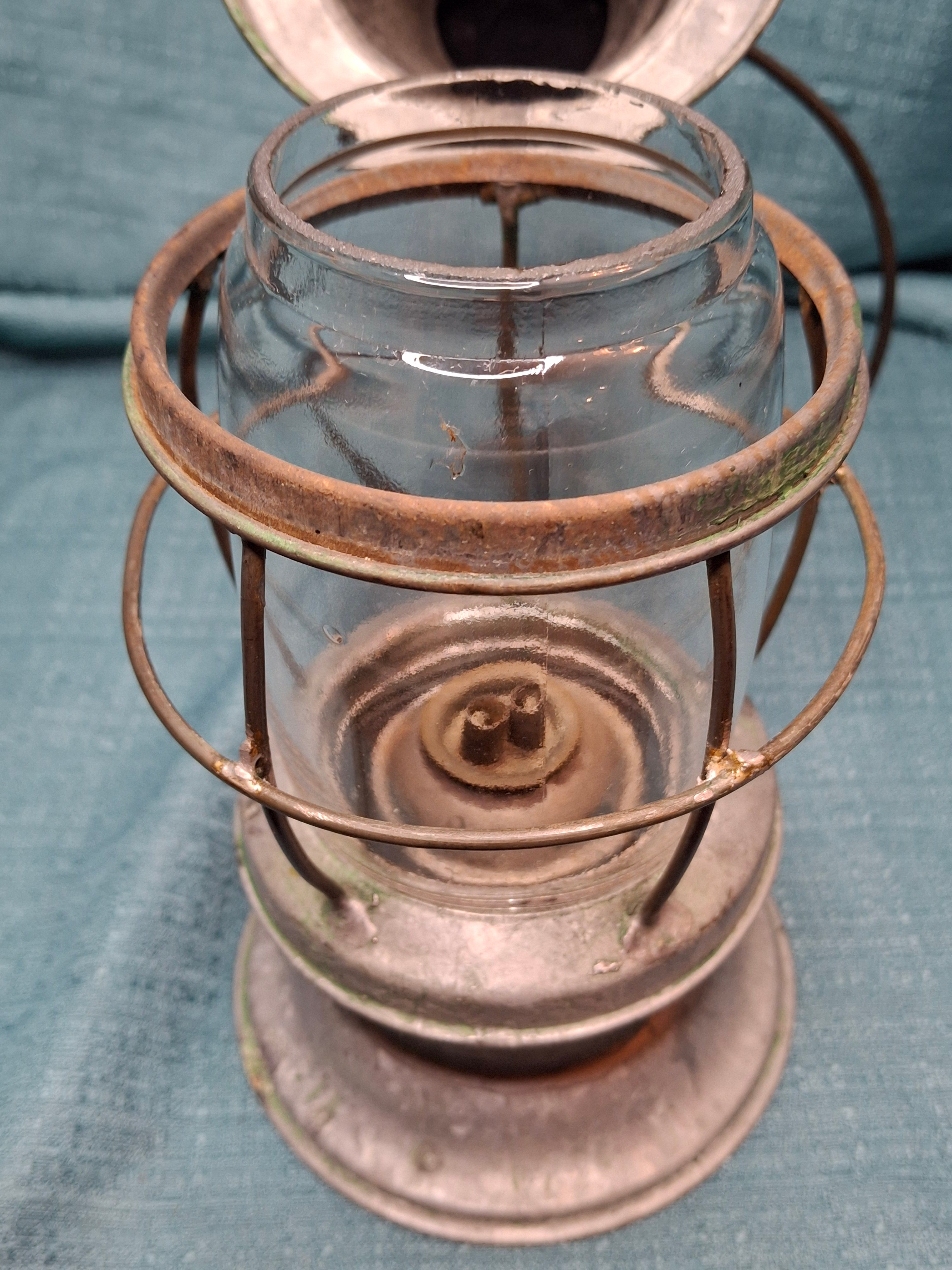 Antique Mid-19th C American Tin and Brass Whale Oil Lantern Double Tube Burner