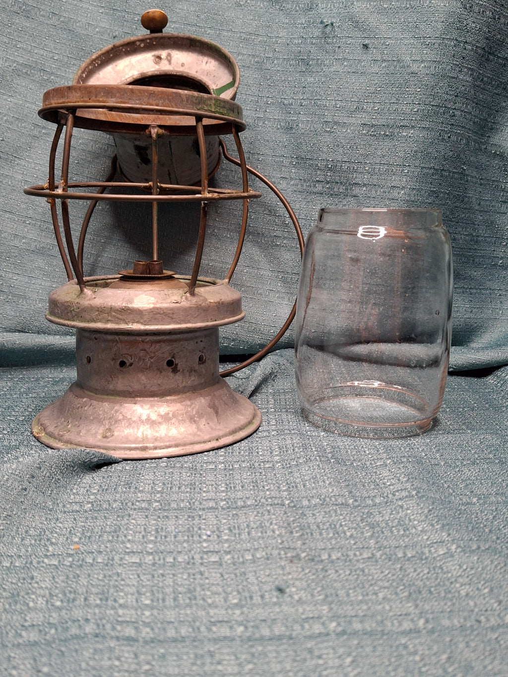 Antique Mid-19th C American Tin and Brass Whale Oil Lantern Double Tube Burner