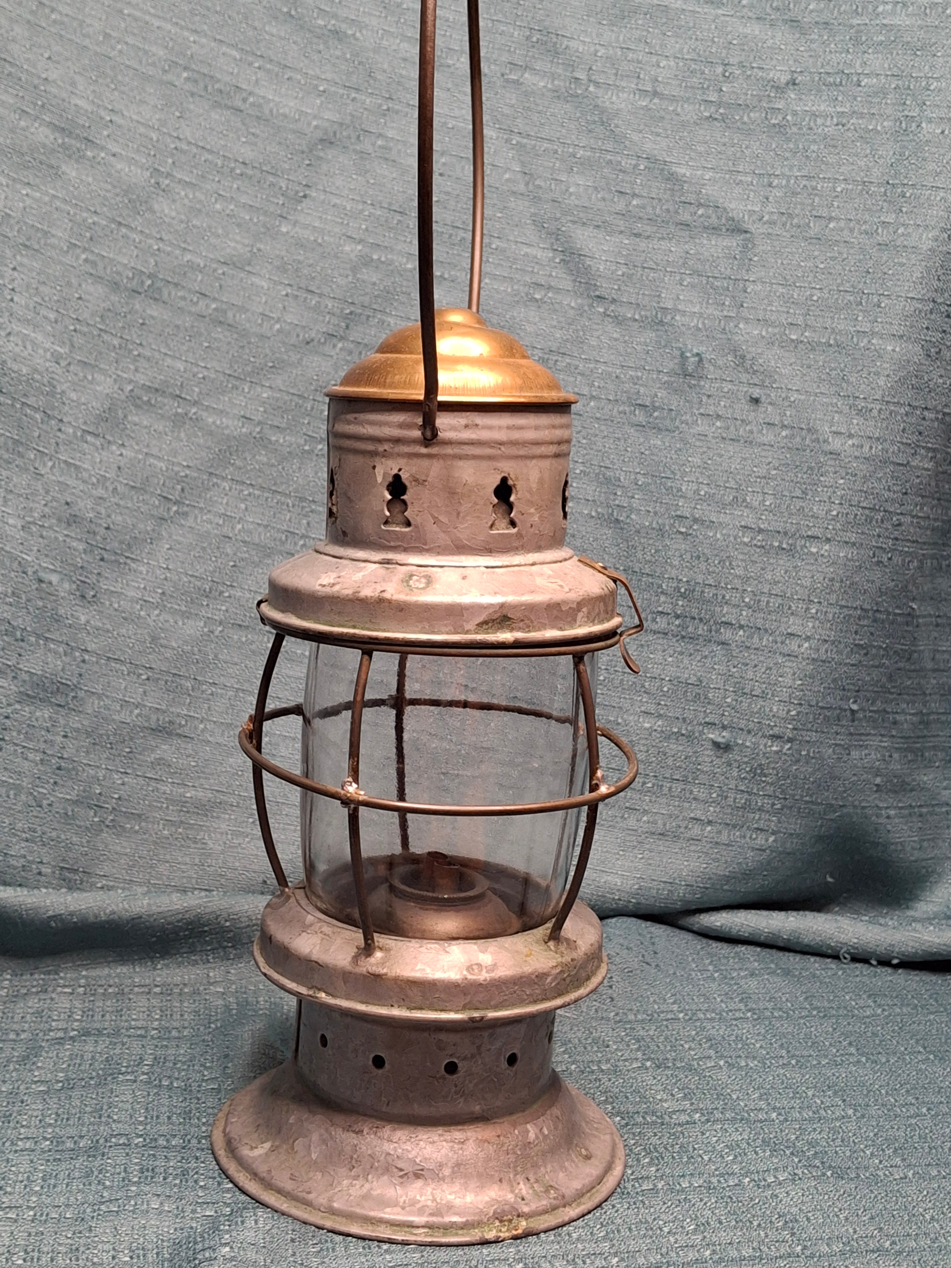 Antique Mid-19th C American Tin and Brass Whale Oil Lantern Double Tube Burner