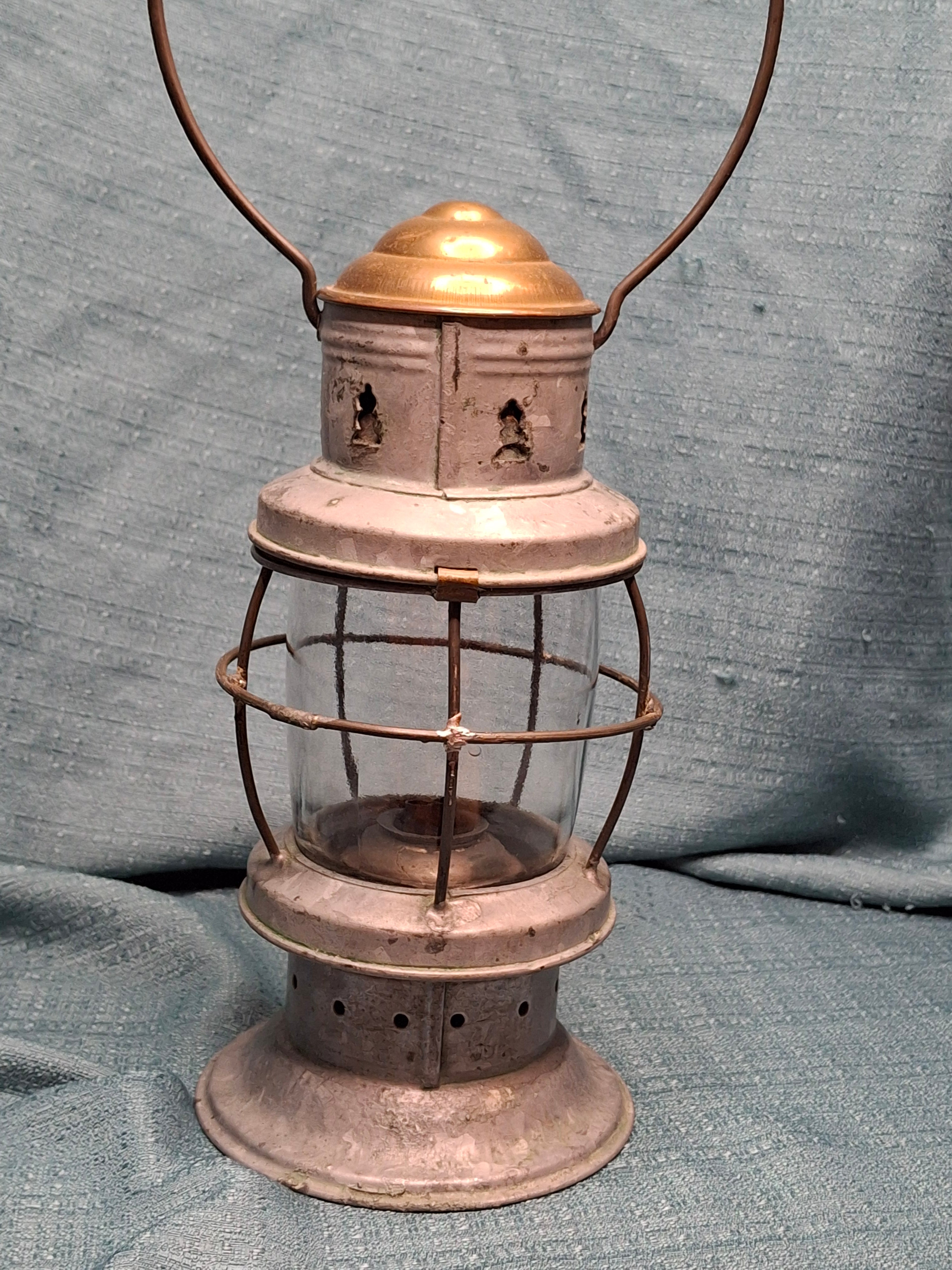 Antique Mid-19th C American Tin and Brass Whale Oil Lantern Double Tube Burner