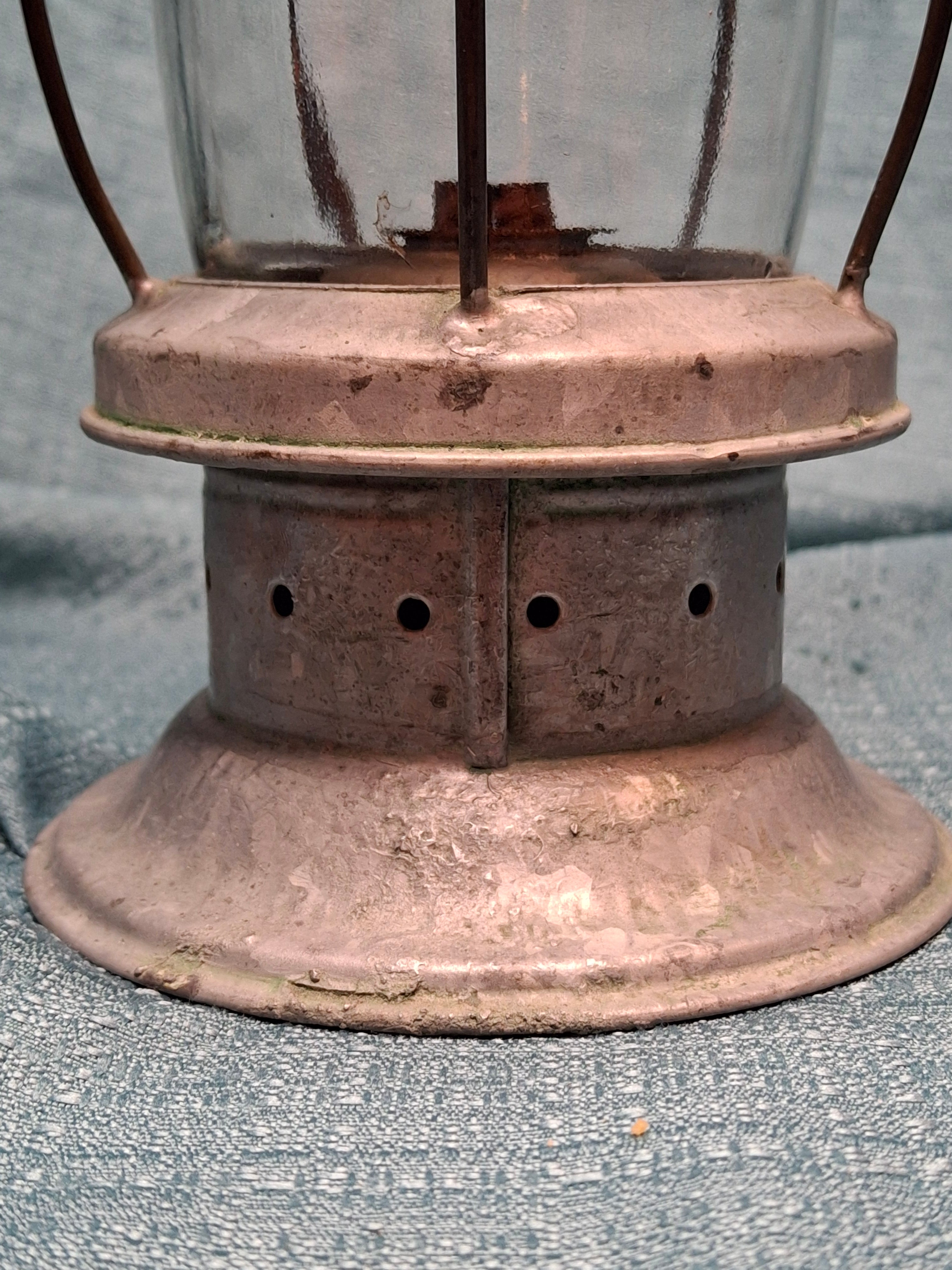 Antique Mid-19th C American Tin and Brass Whale Oil Lantern Double Tube Burner