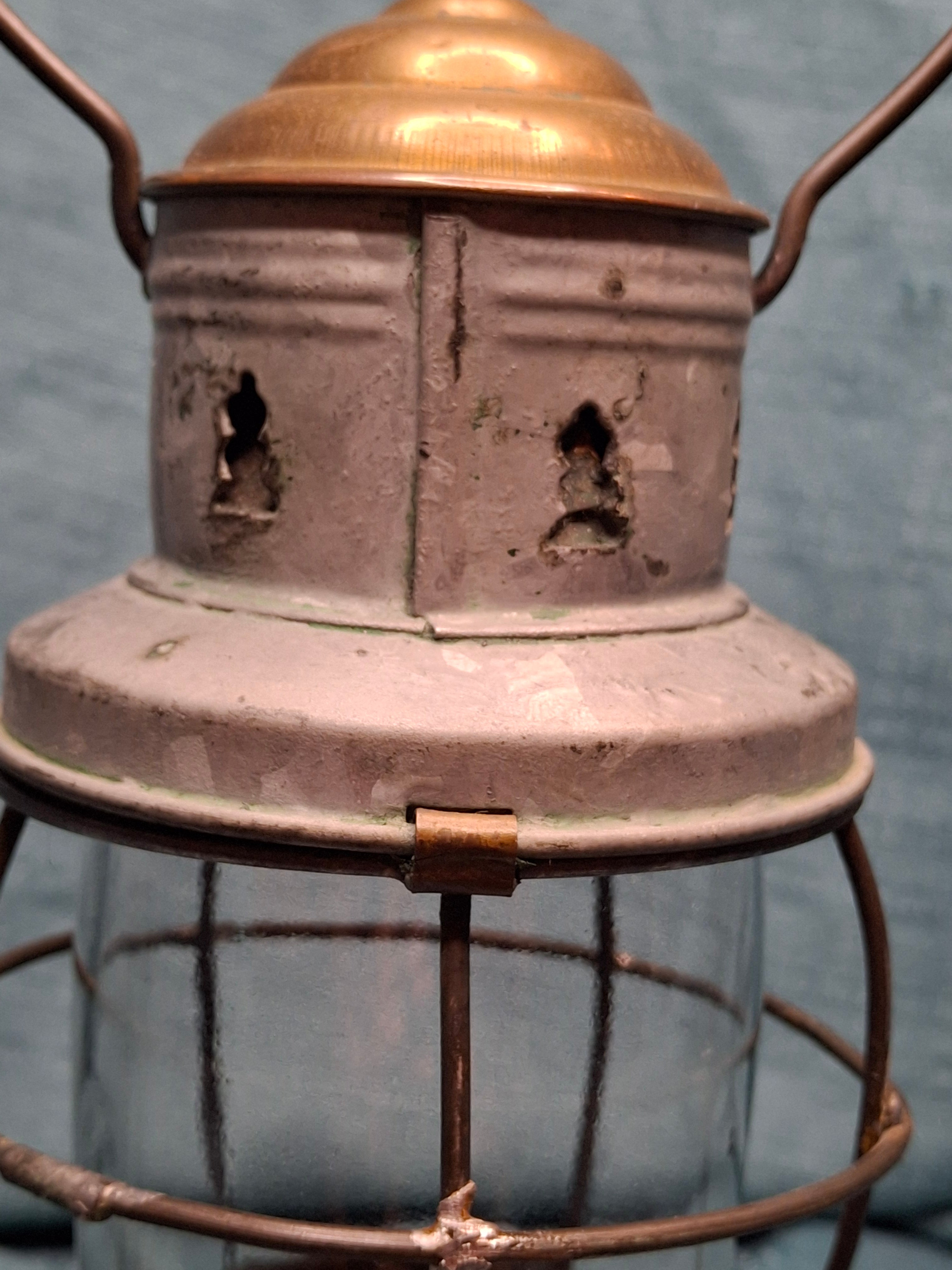Antique Mid-19th C American Tin and Brass Whale Oil Lantern Double Tube Burner