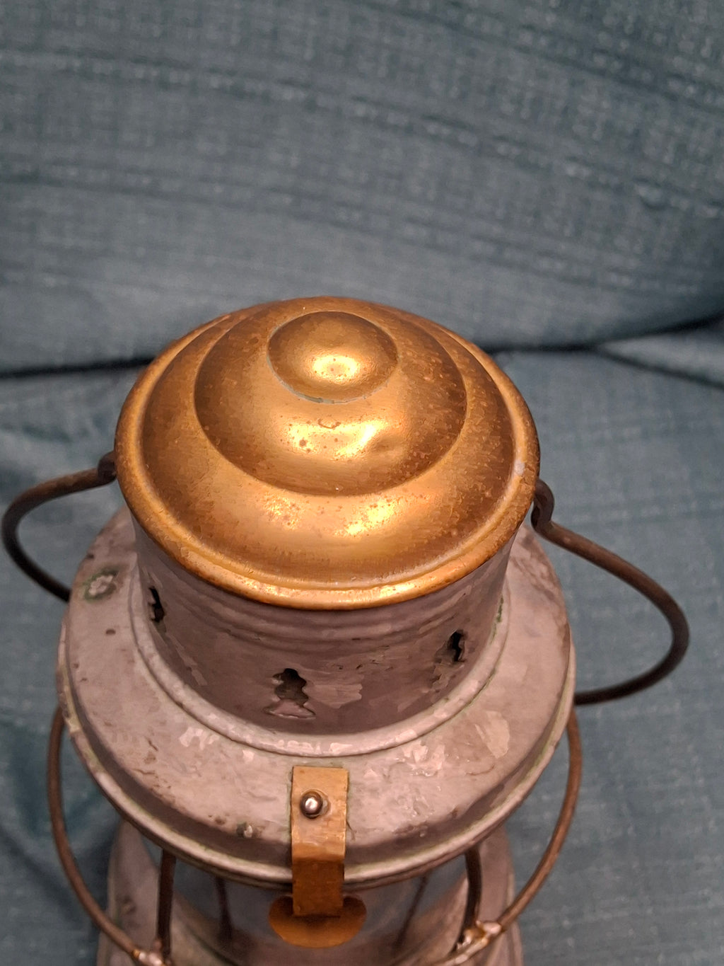 Antique Mid-19th C American Tin and Brass Whale Oil Lantern Double Tube Burner