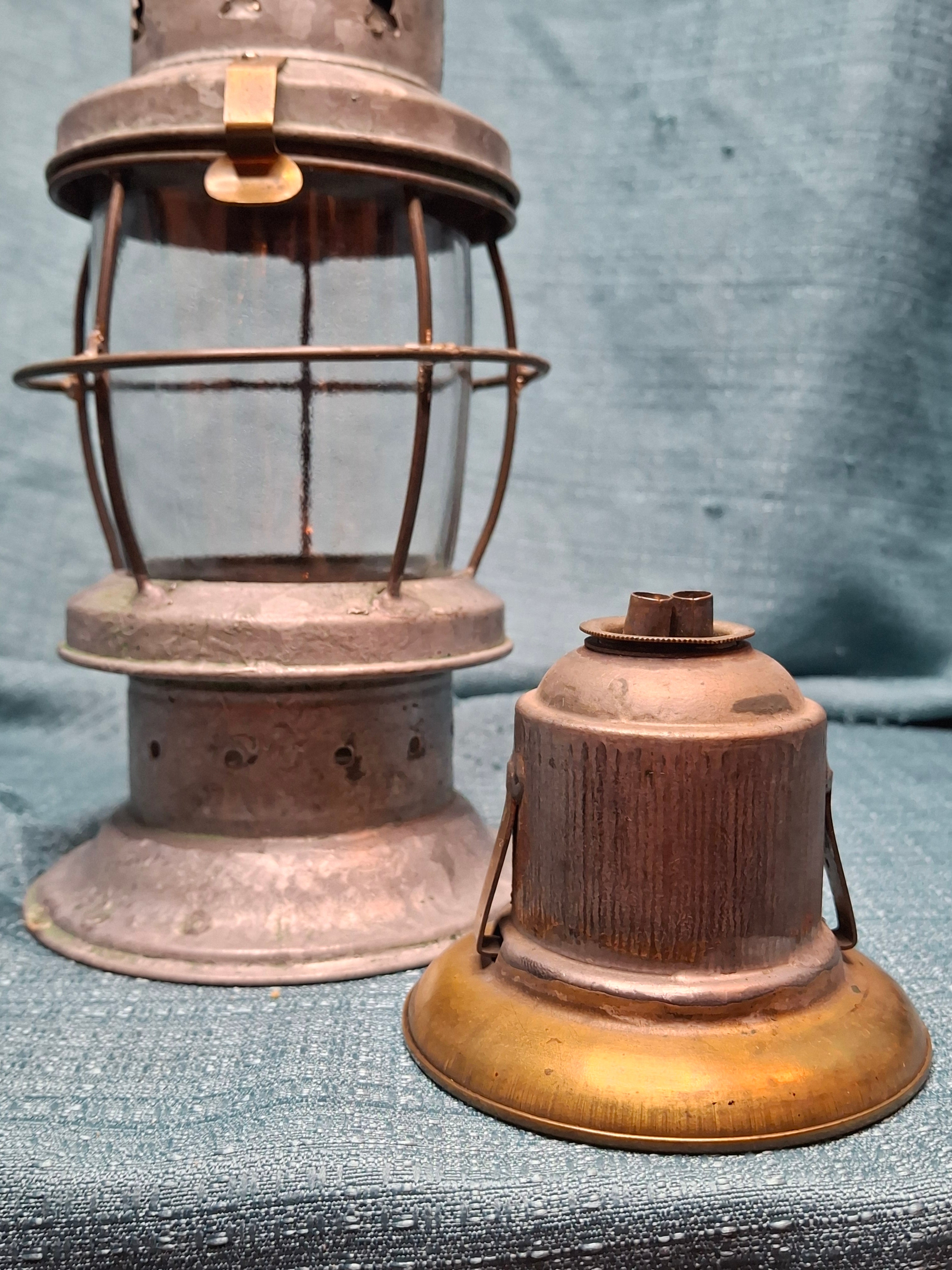 Antique Mid-19th C American Tin and Brass Whale Oil Lantern Double Tube Burner