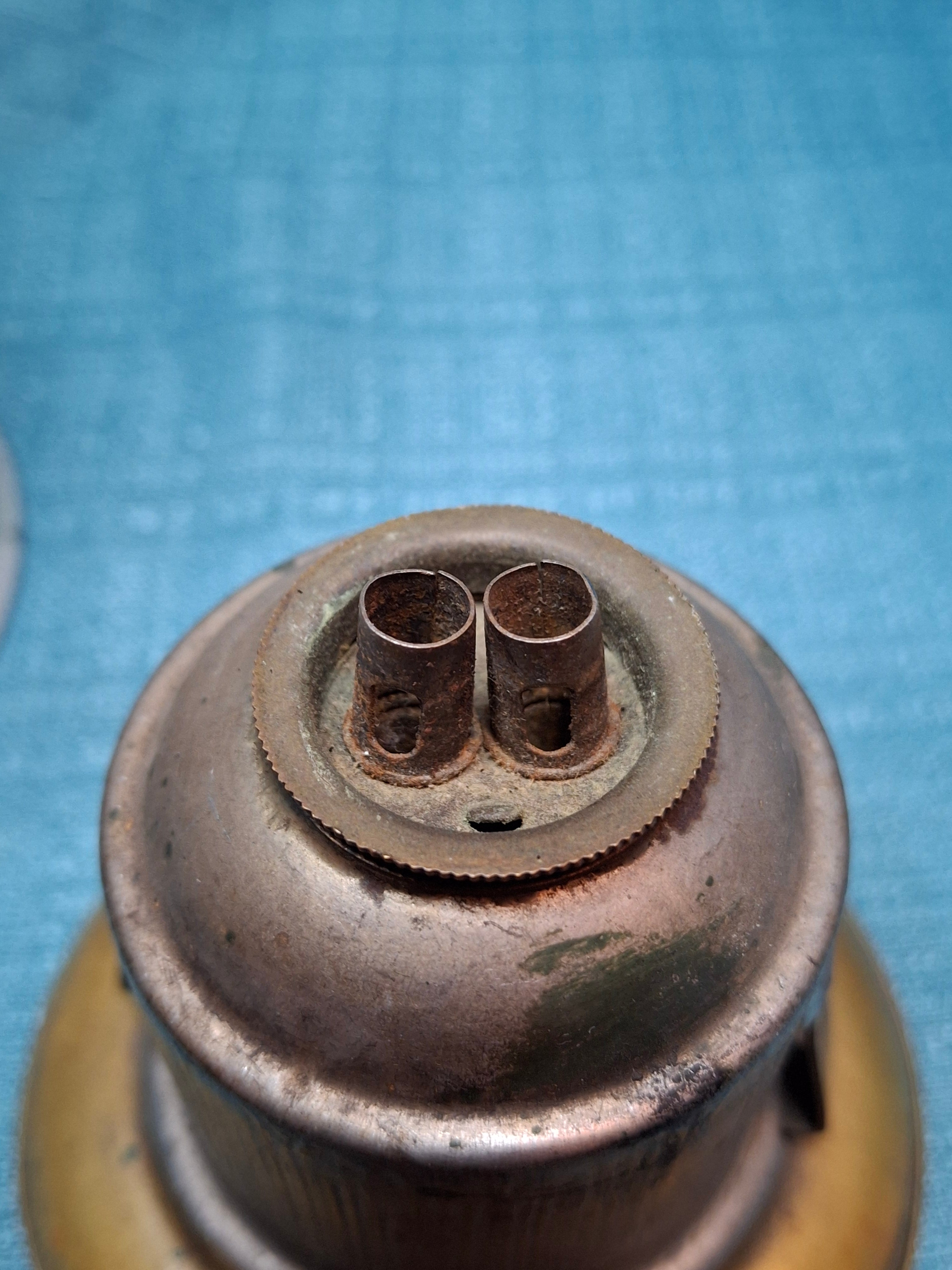 Antique Mid-19th C American Tin and Brass Whale Oil Lantern Double Tube Burner