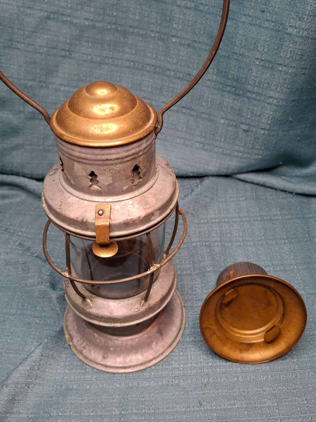 Antique Mid-19th C American Tin and Brass Whale Oil Lantern Double Tube Burner