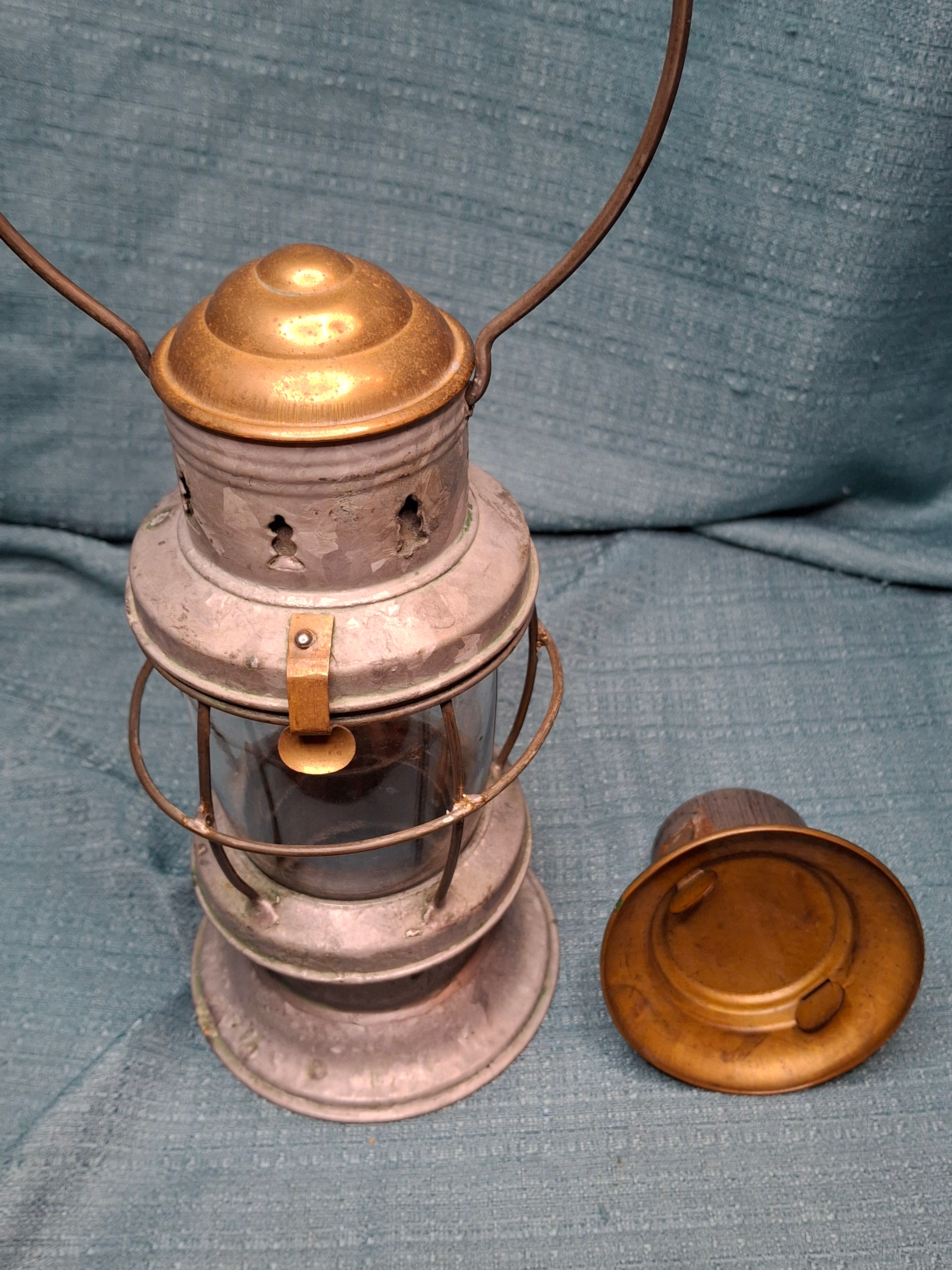Antique Mid-19th C American Tin and Brass Whale Oil Lantern Double Tube Burner